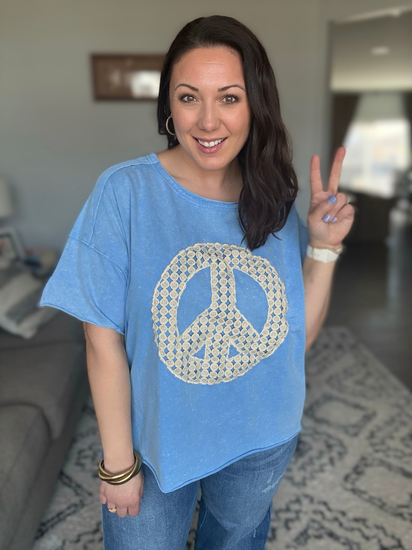 Umgee Mineral Wash Boxy Top with Peace Crochet Lace Applique