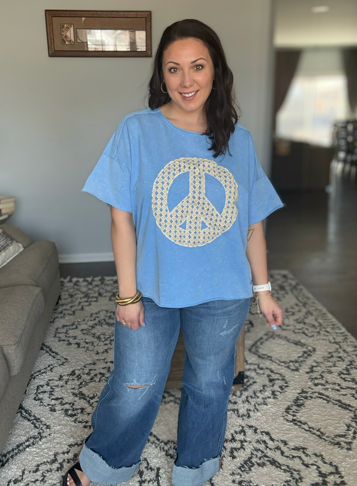 Umgee Mineral Wash Boxy Top with Peace Crochet Lace Applique