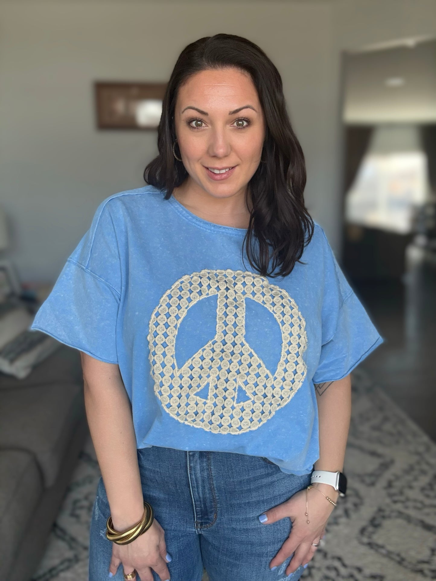 Umgee Mineral Wash Boxy Top with Peace Crochet Lace Applique