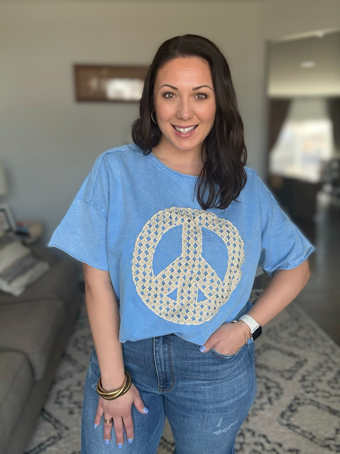 Umgee Mineral Wash Boxy Top with Peace Crochet Lace Applique