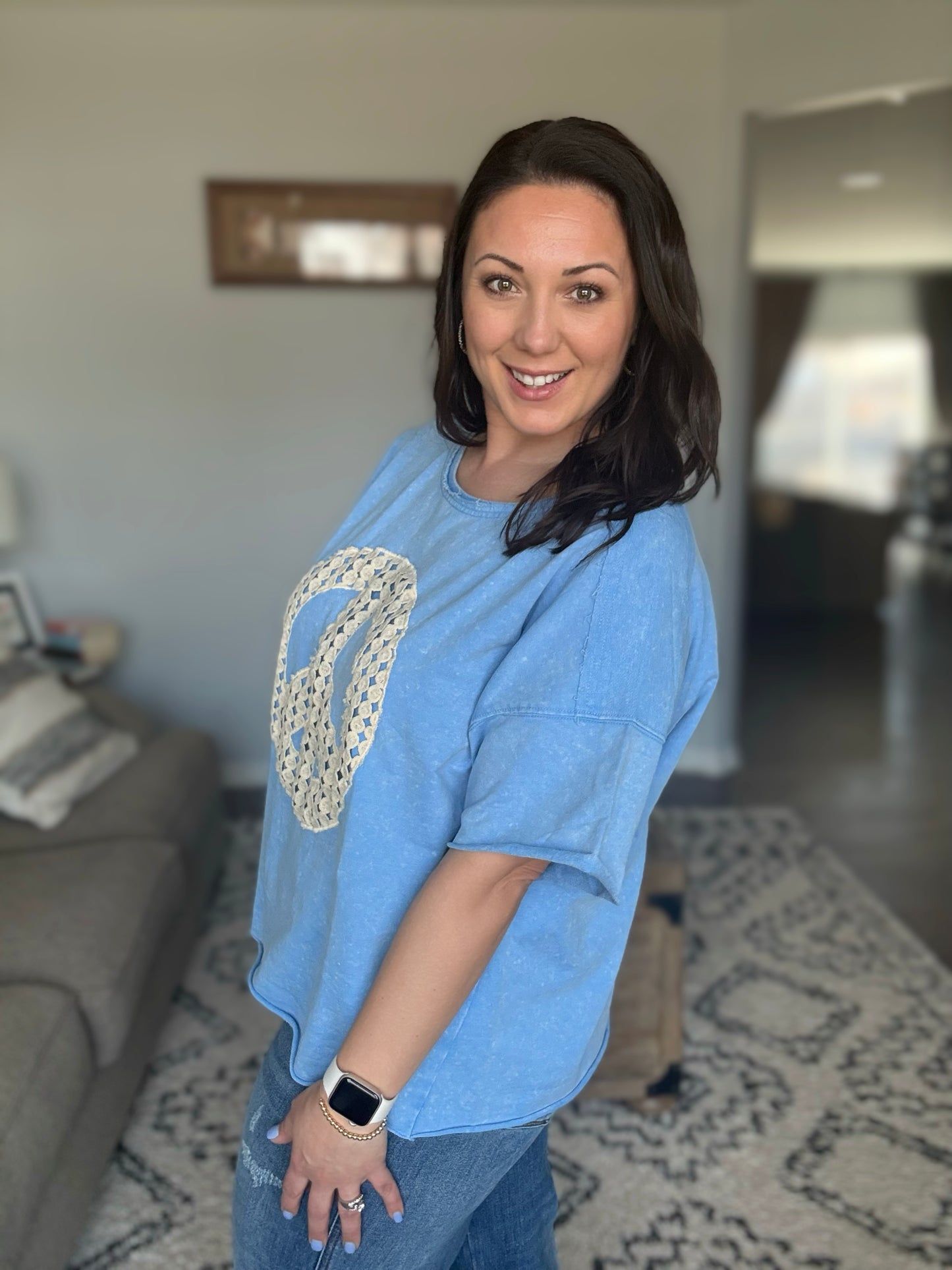 Umgee Mineral Wash Boxy Top with Peace Crochet Lace Applique