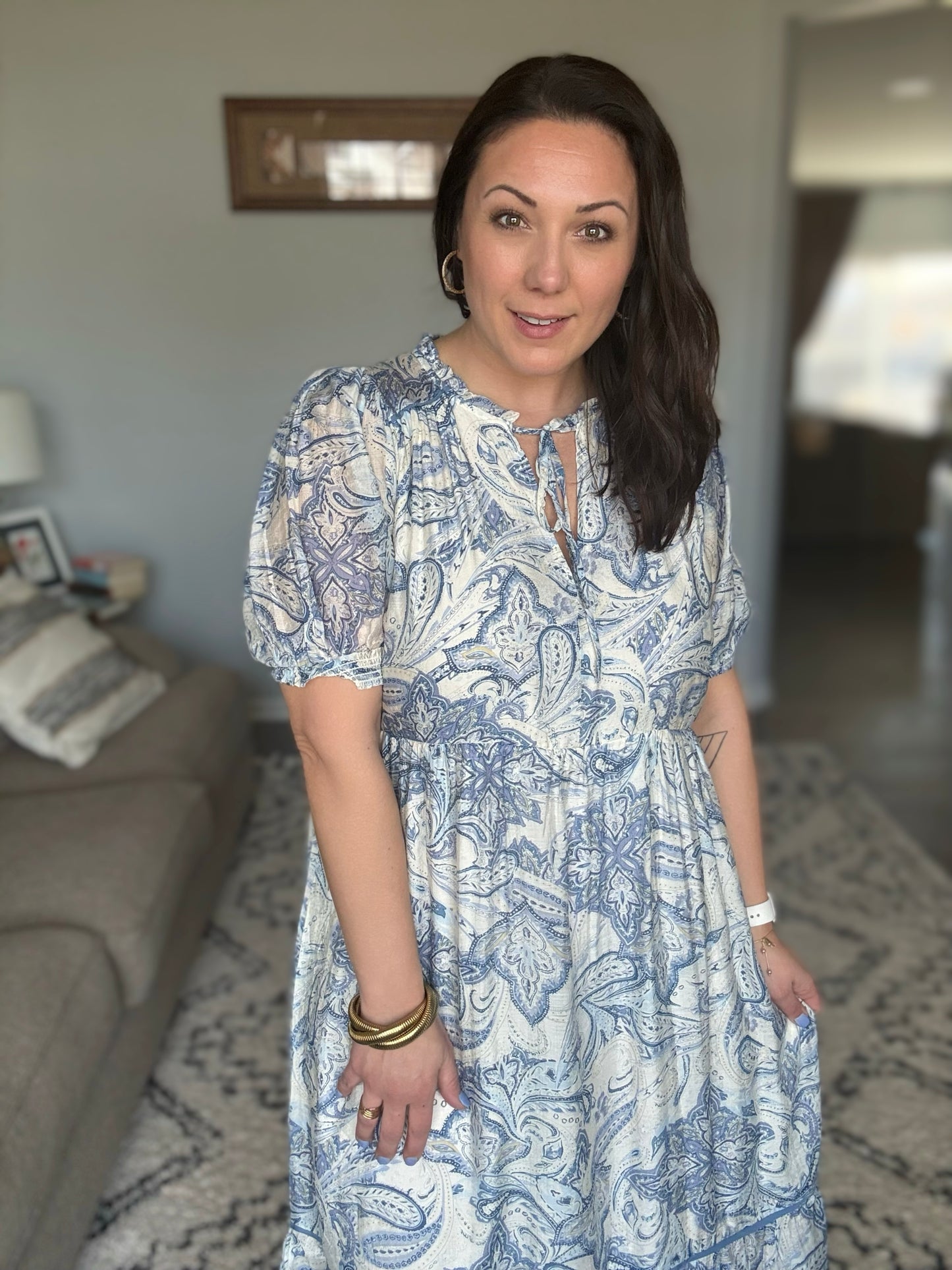 Umgee Paisley Puff Sleeve Midi Dress in Blue Mix