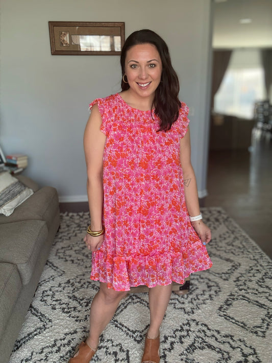 Umgee Floral Metallic Ruffle Cap Sleeve Dress in Hot Pink