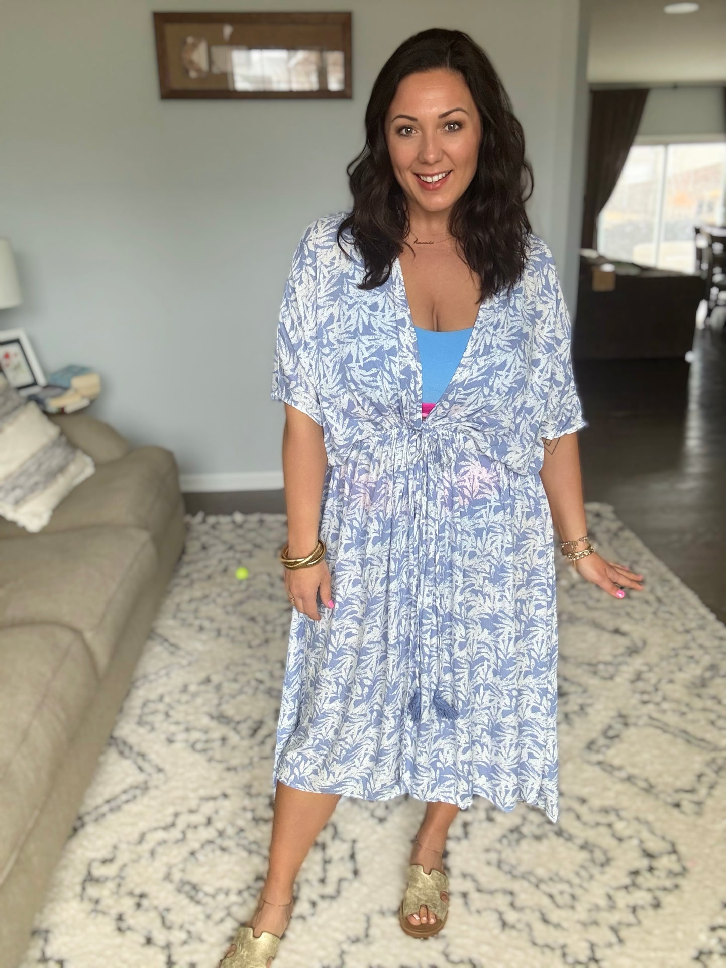 Tropical Print Gauze Kimono with Elastic Waist Tie in Periwinkle