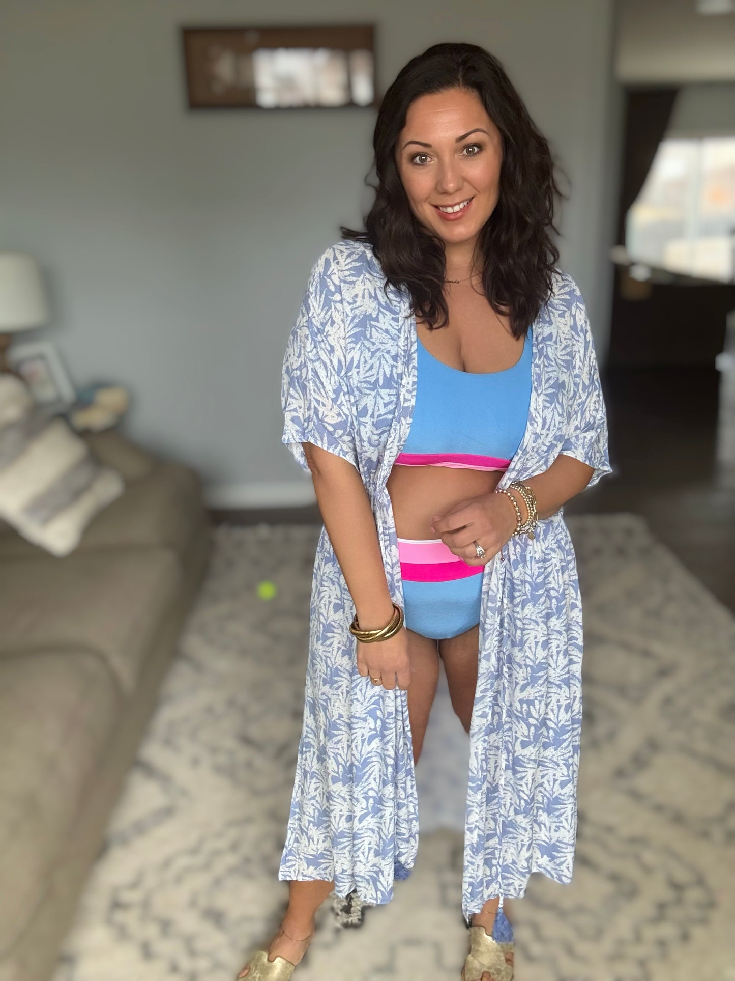 Tropical Print Gauze Kimono with Elastic Waist Tie in Periwinkle