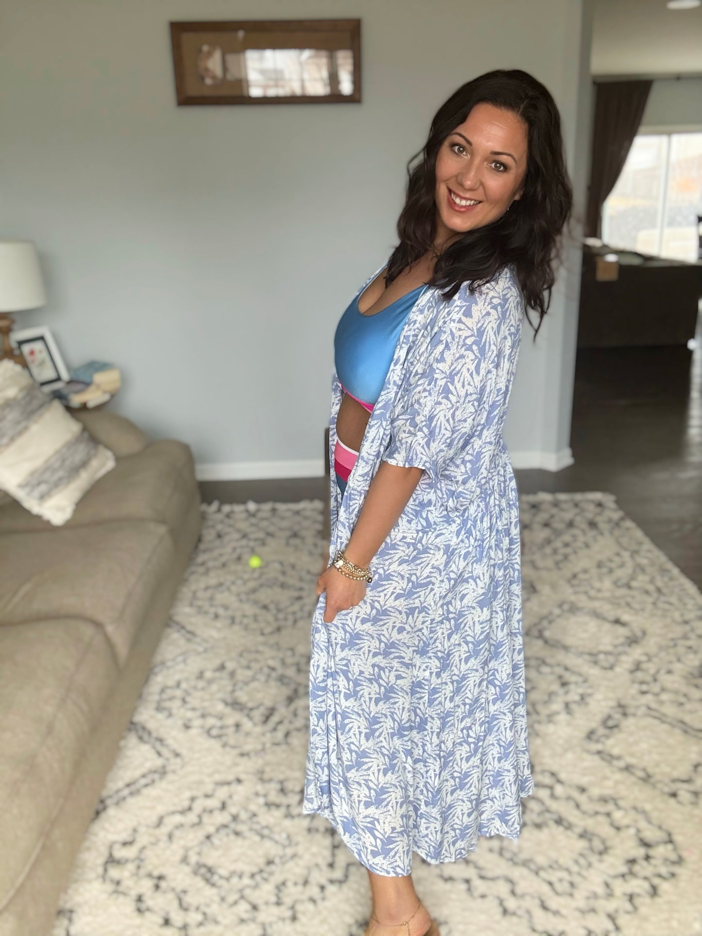 Tropical Print Gauze Kimono with Elastic Waist Tie in Periwinkle