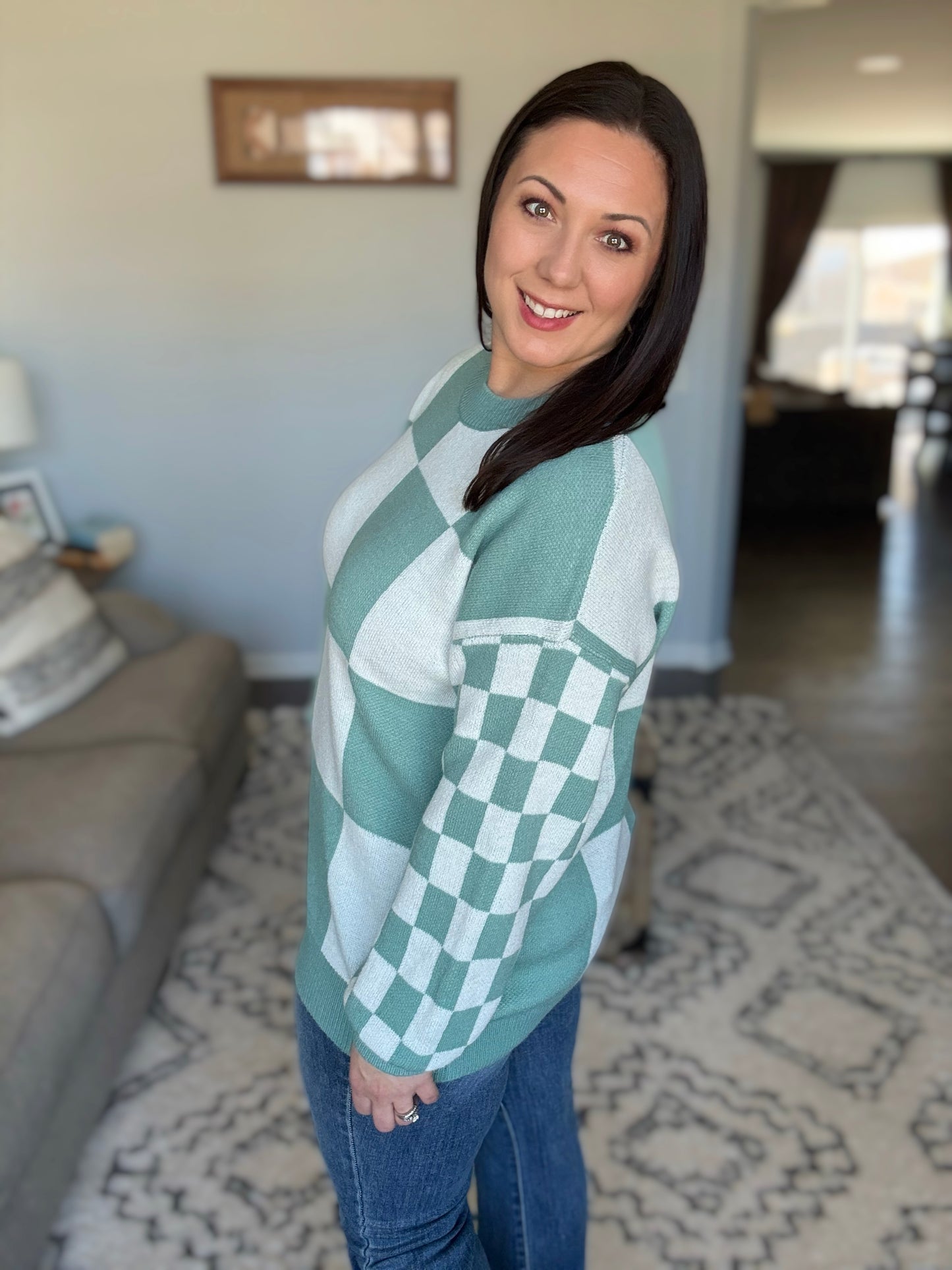 IN STOCK Checkered Pullover Sweater - Dusty Jade