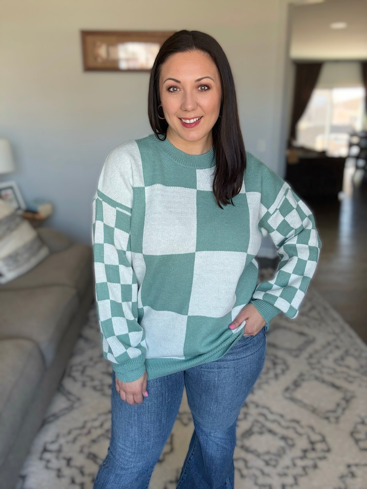 IN STOCK Checkered Pullover Sweater - Dusty Jade