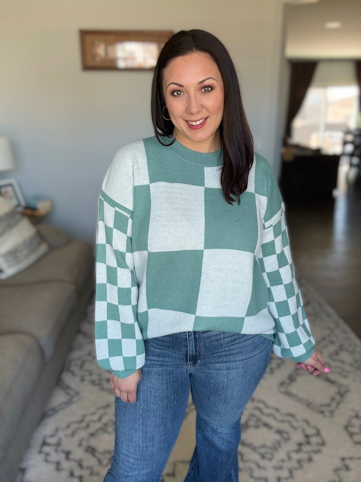 IN STOCK Checkered Pullover Sweater - Dusty Jade