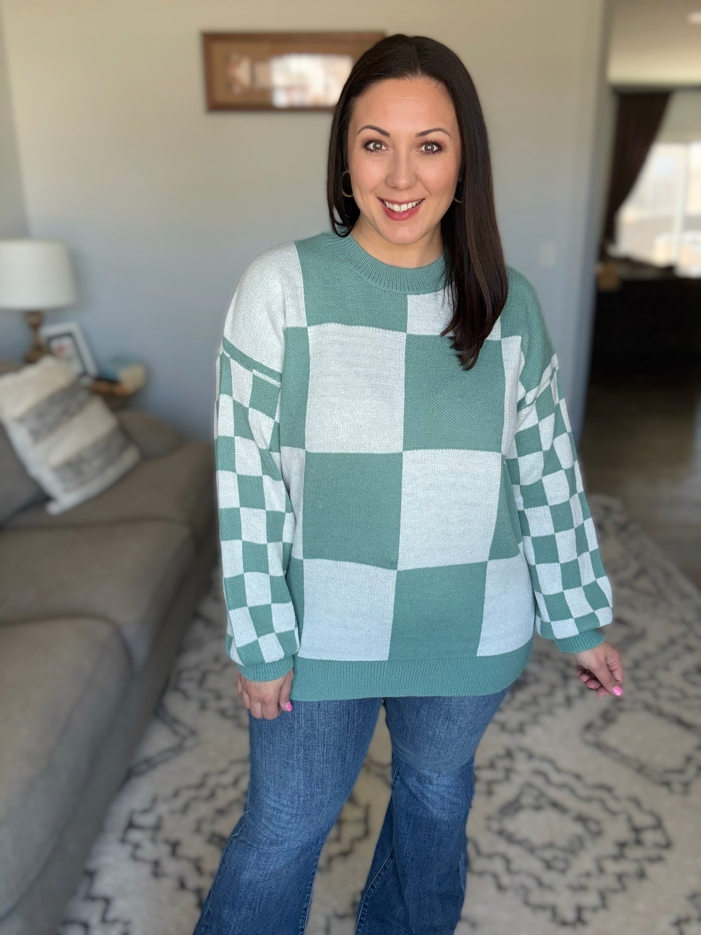 IN STOCK Checkered Pullover Sweater - Dusty Jade