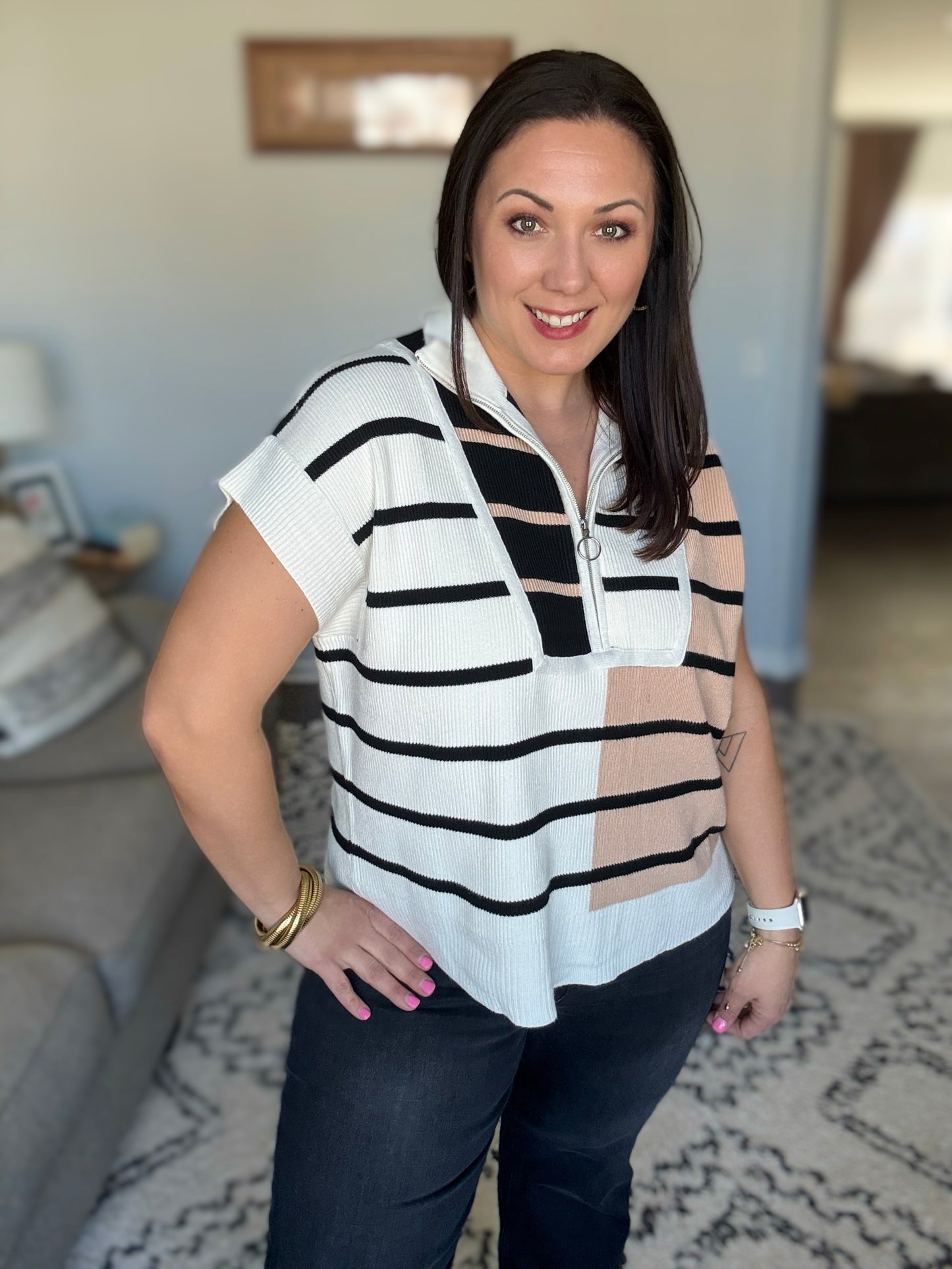Lonely Traveler Striped Quarter Zip Vest in White