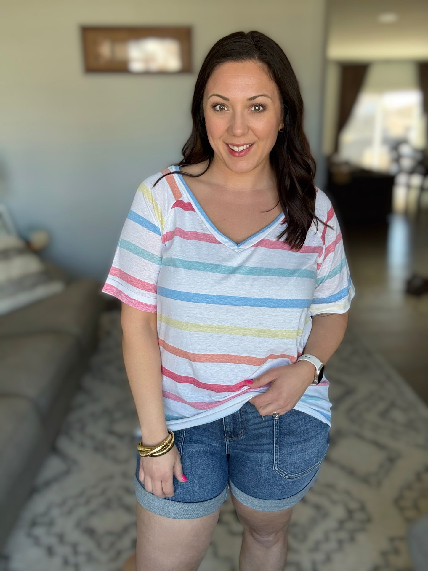 BiBi Striped V-Neck Short Sleeve T-Shirt