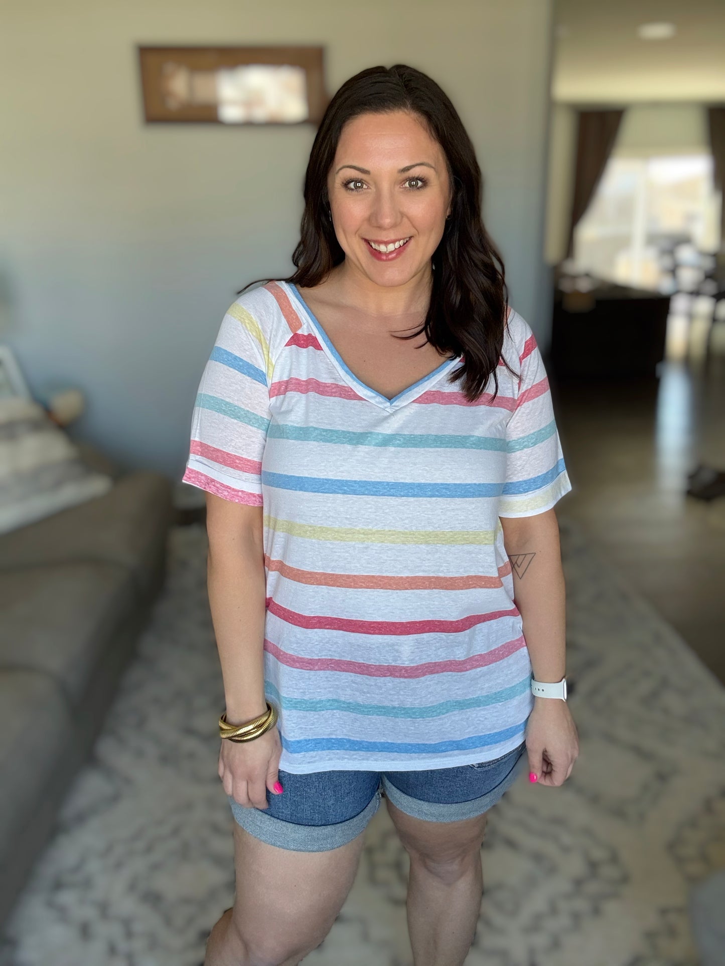 BiBi Striped V-Neck Short Sleeve T-Shirt