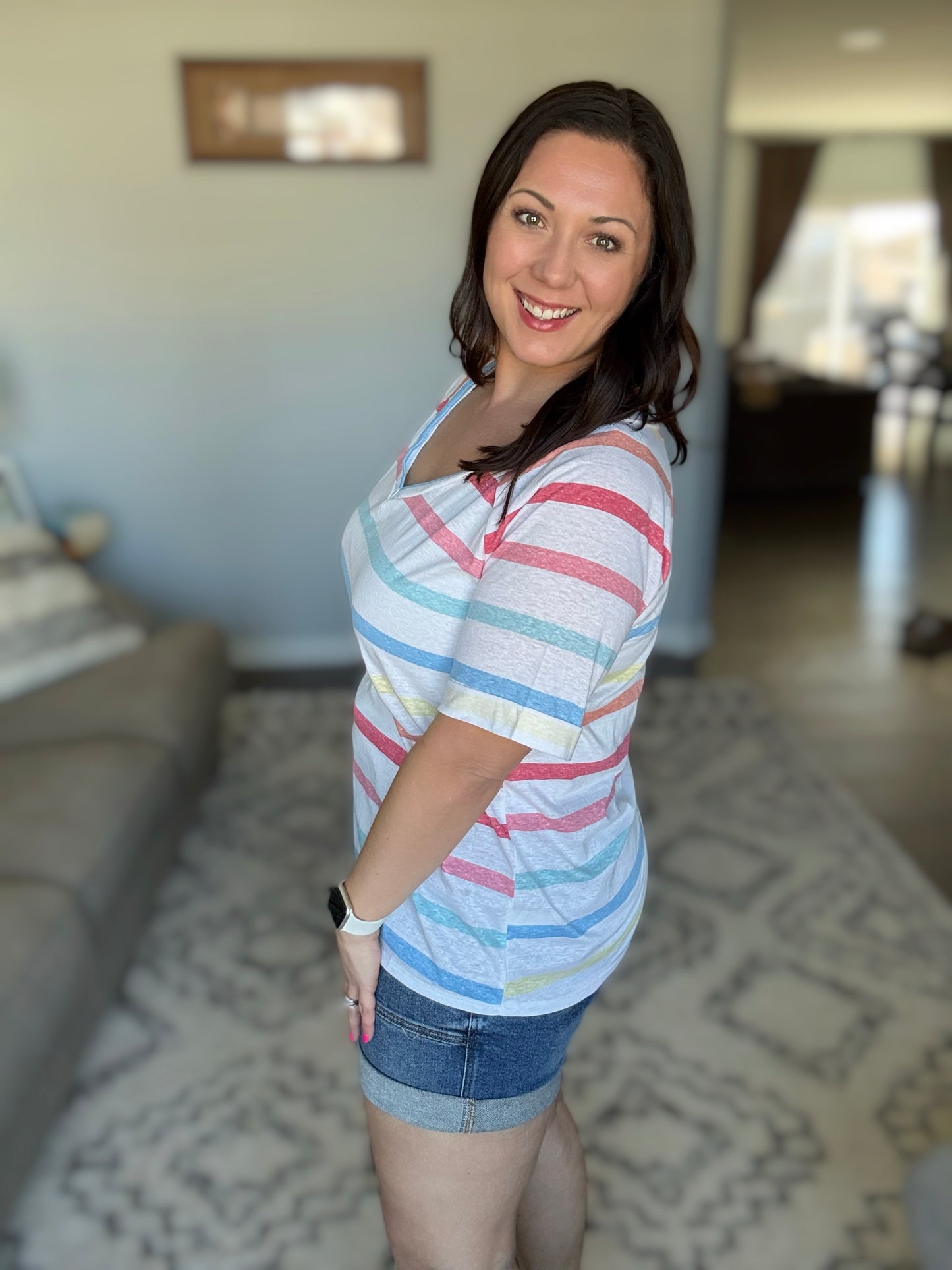BiBi Striped V-Neck Short Sleeve T-Shirt