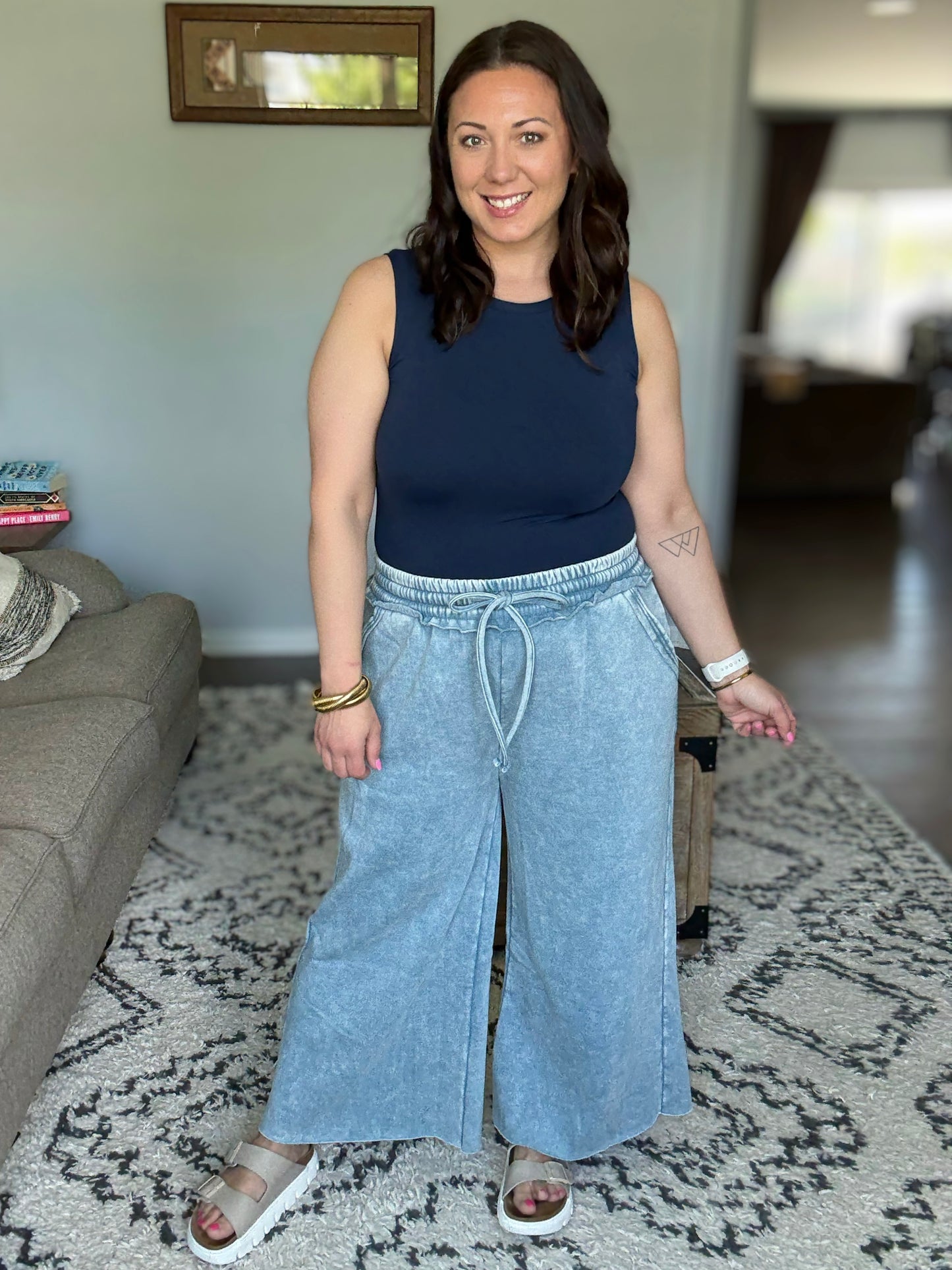 In or Out Wide Leg Cropped Pants Blue Grey