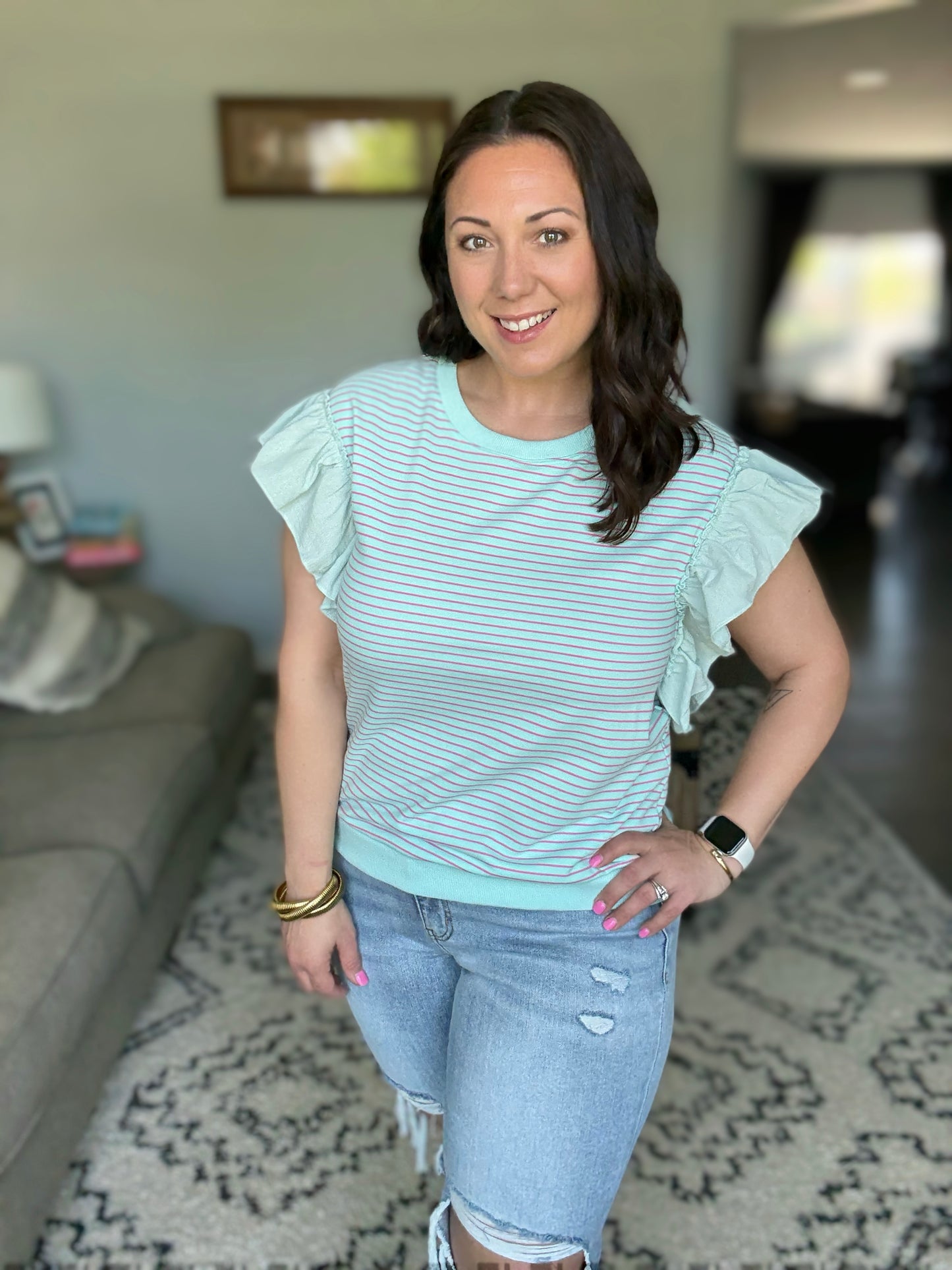Lime 'N' Chili Striped Contrast Ruffle Sleeveless Top in Mint