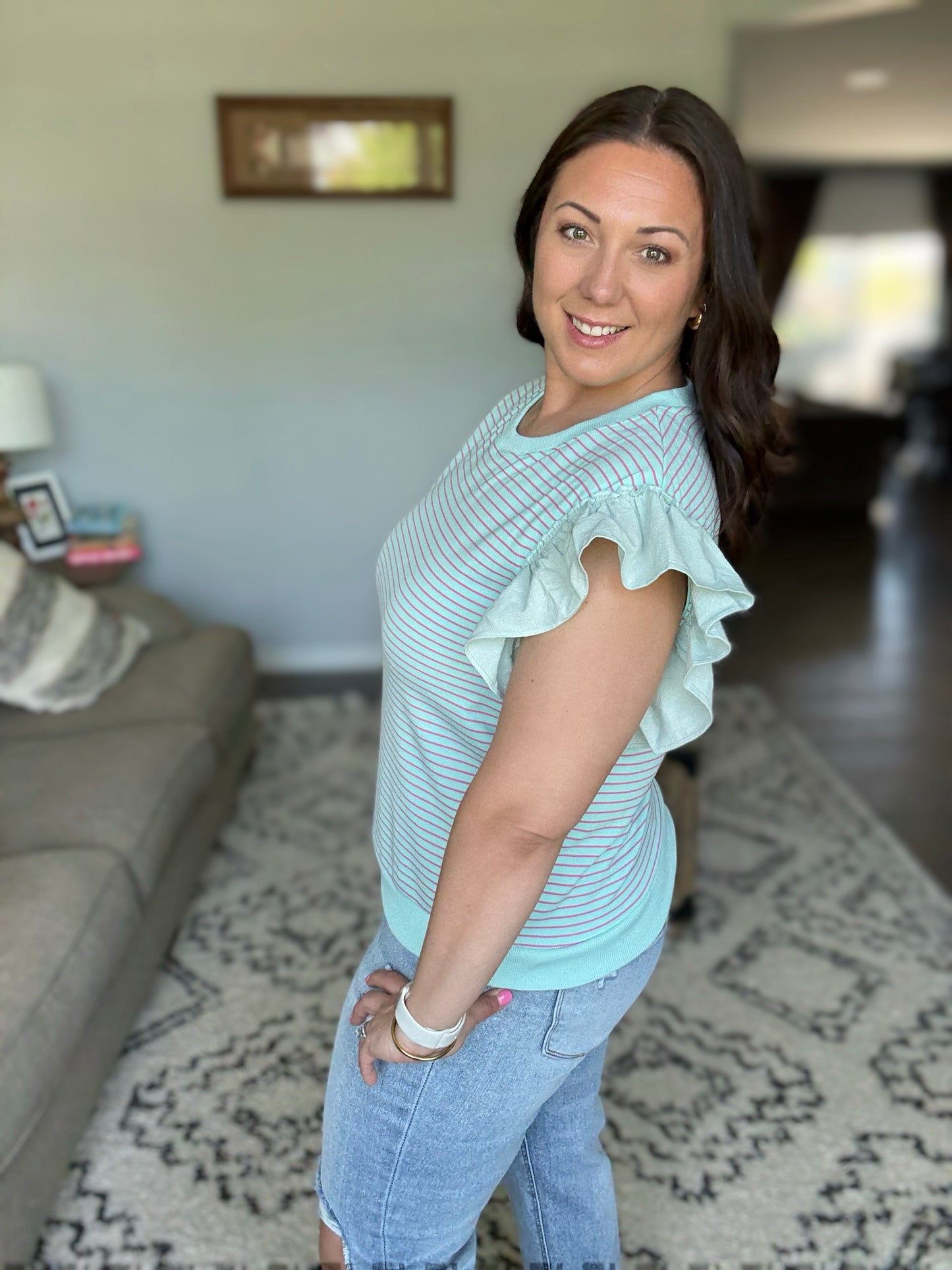 Lime 'N' Chili Striped Contrast Ruffle Sleeveless Top in Mint