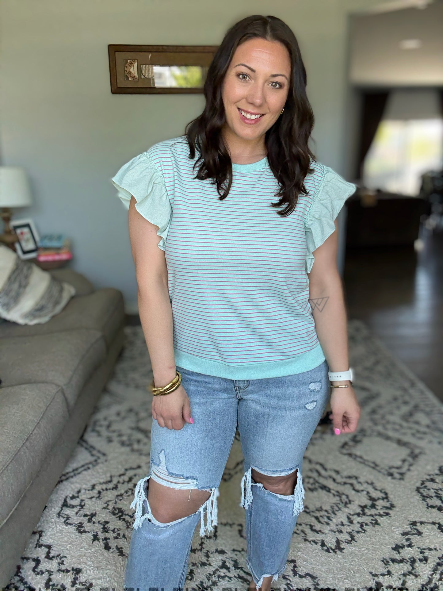 Lime 'N' Chili Striped Contrast Ruffle Sleeveless Top in Mint