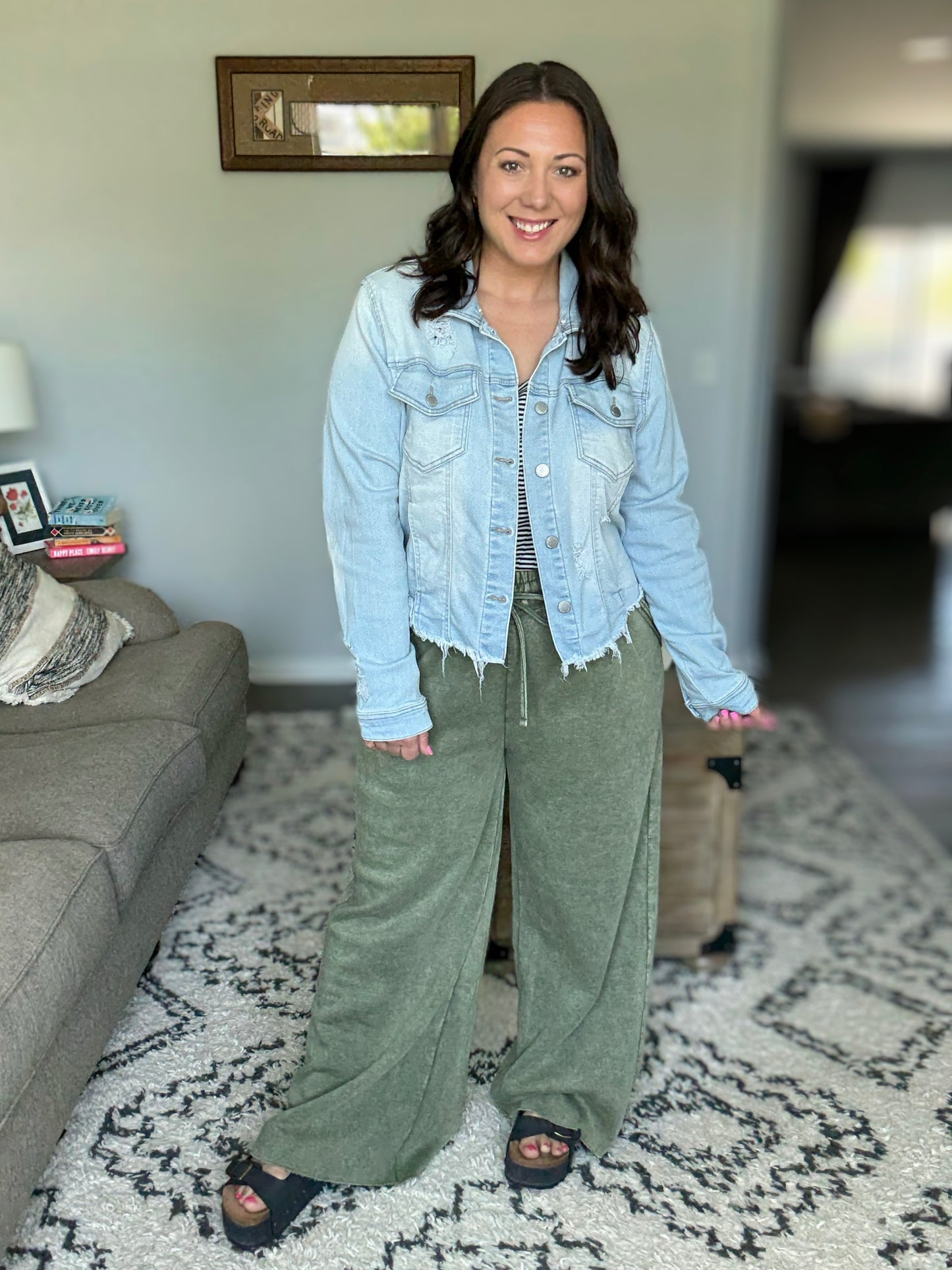 Zenana Acid Wash Fleece Palazzo Pants in Light Olive