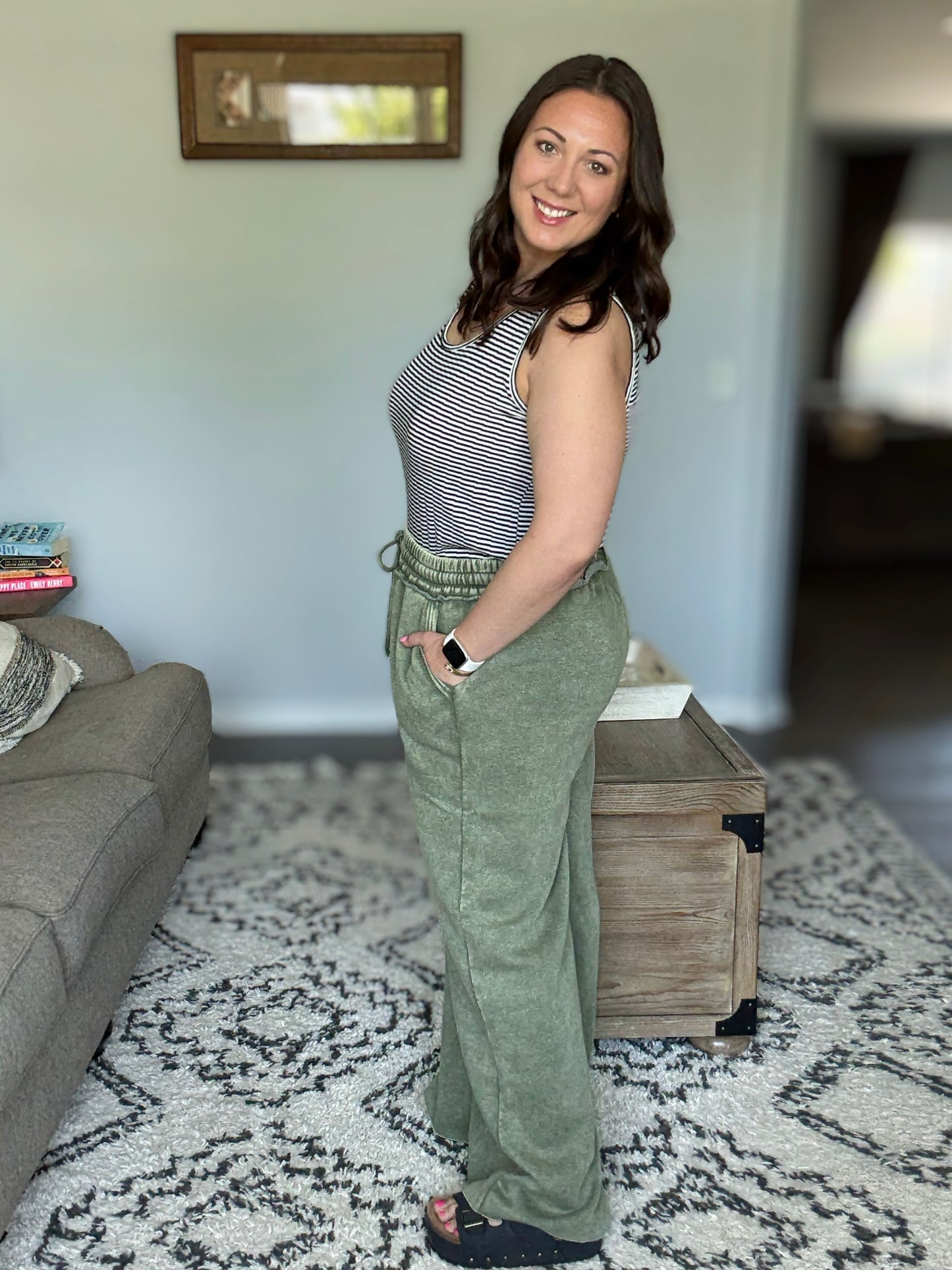 Zenana Acid Wash Fleece Palazzo Pants in Light Olive