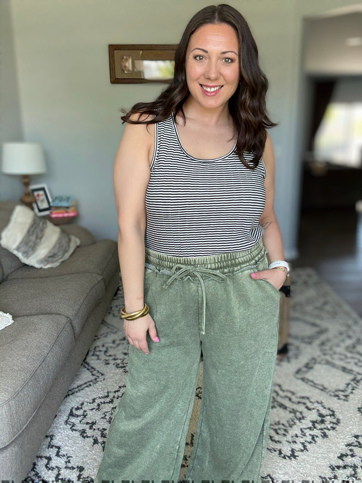 Zenana Acid Wash Fleece Palazzo Pants in Light Olive