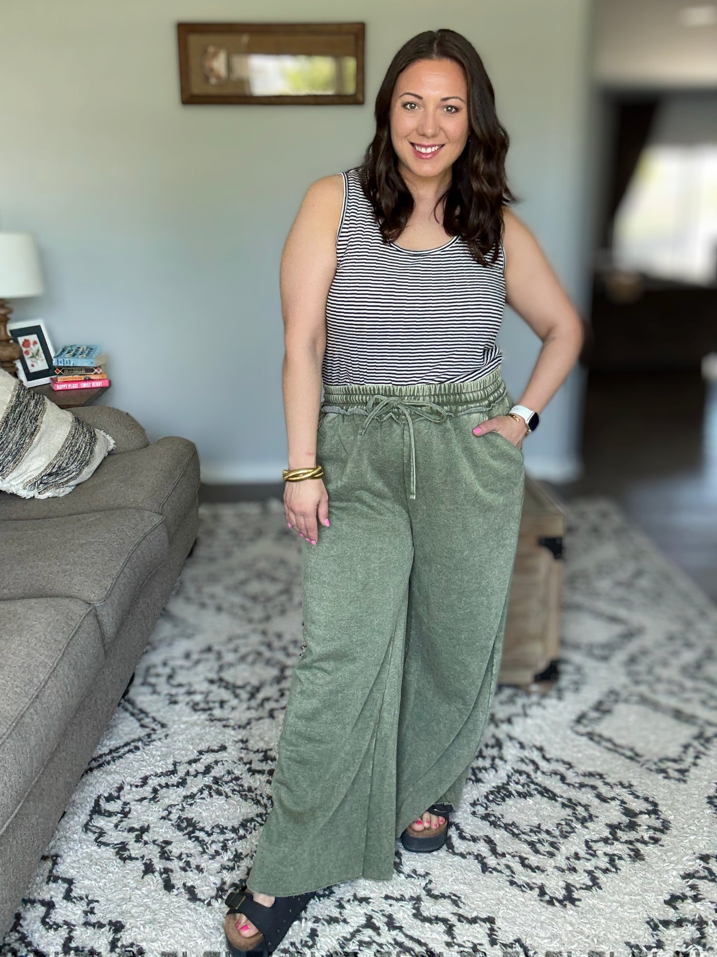Zenana Acid Wash Fleece Palazzo Pants in Light Olive