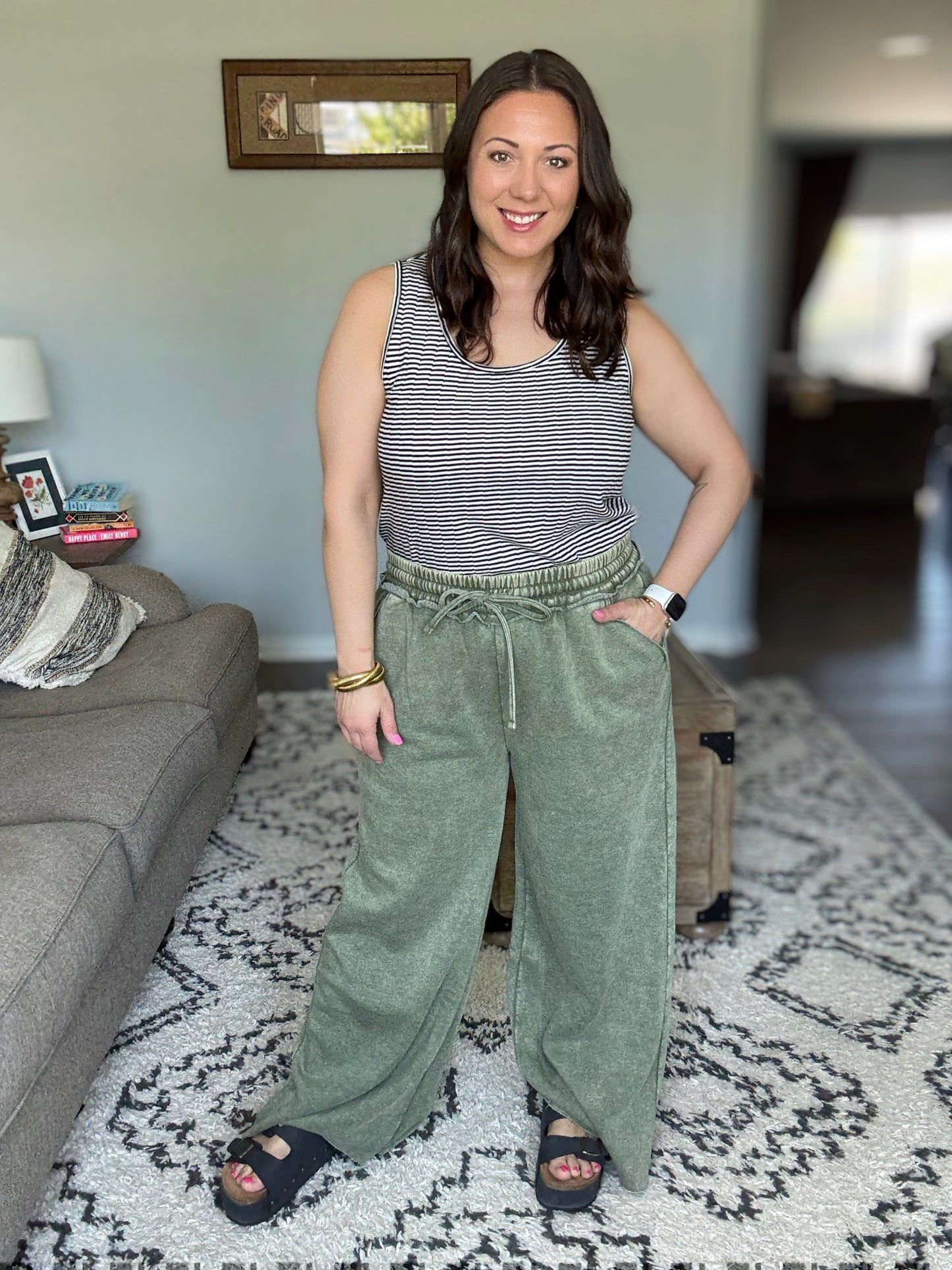 Zenana Acid Wash Fleece Palazzo Pants in Light Olive