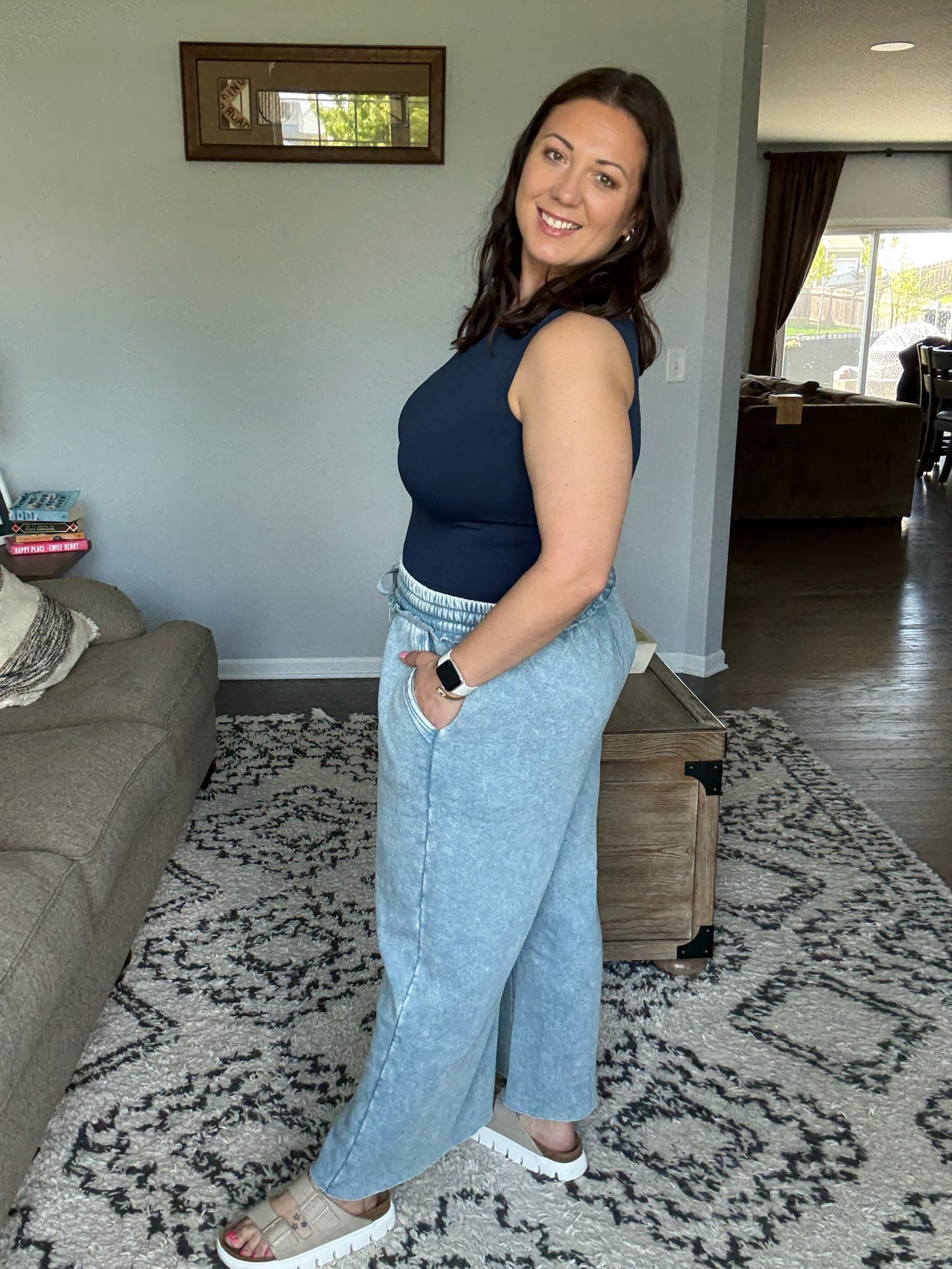 In or Out Wide Leg Cropped Pants Blue Grey
