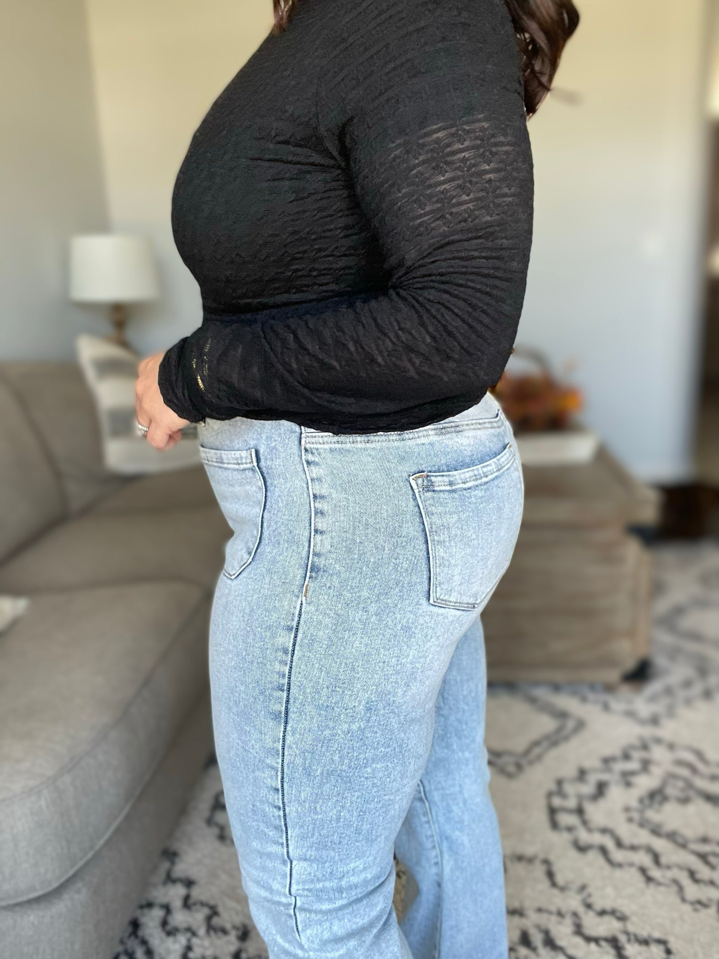 Ava Michelle High Rise Front Patch Pocket Flare Jeans (Tall/Long Friendly)