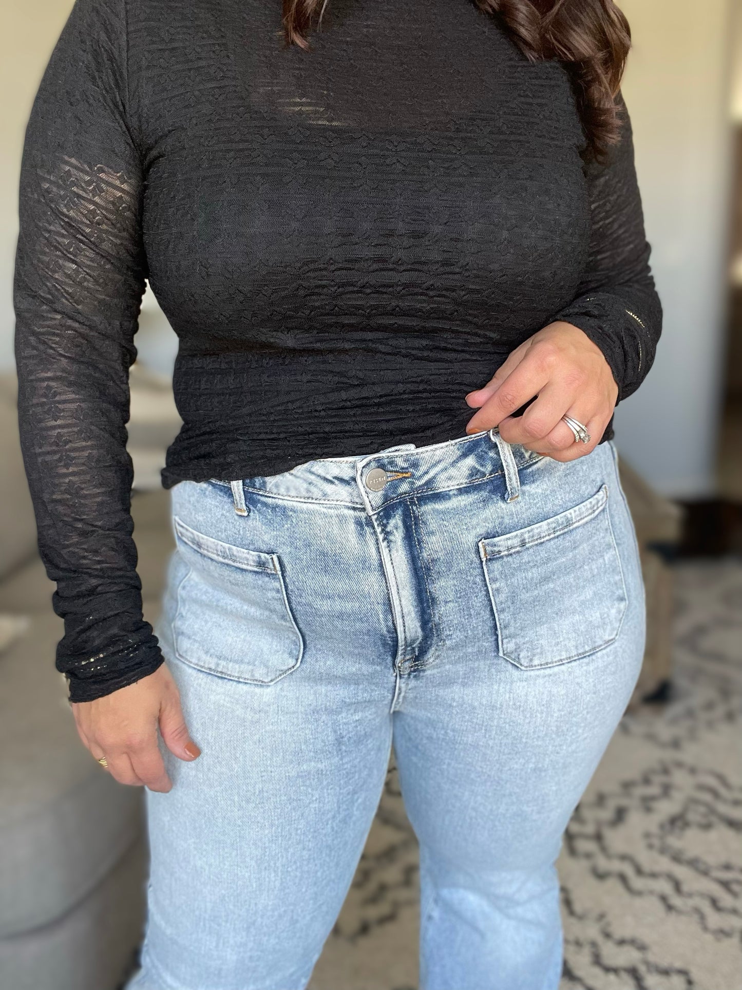 Ava Michelle High Rise Front Patch Pocket Flare Jeans (Tall/Long Friendly)