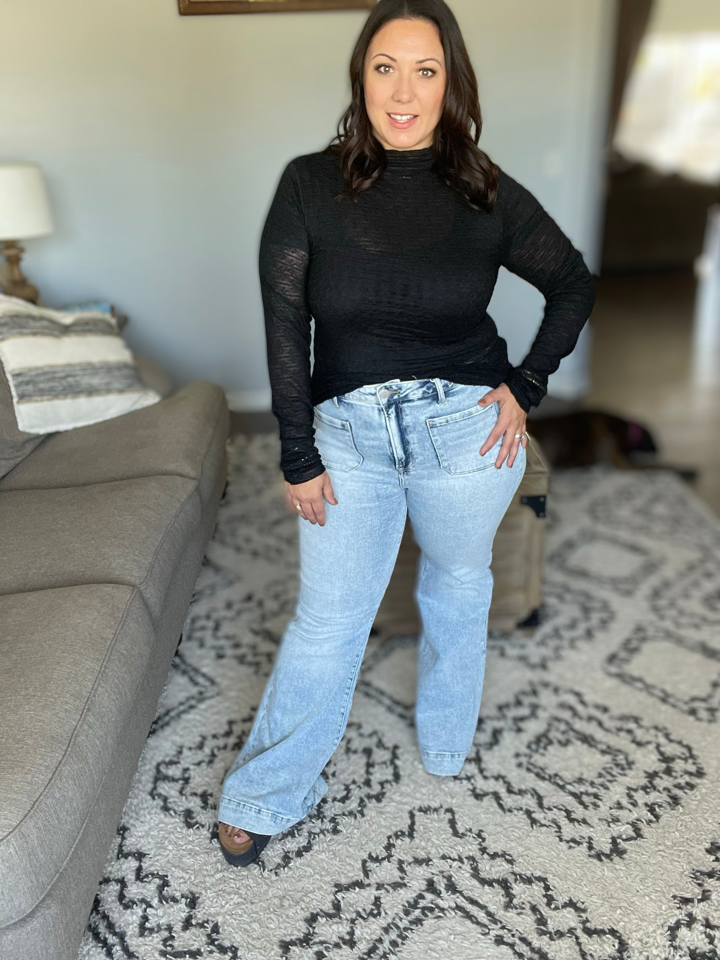 Ava Michelle High Rise Front Patch Pocket Flare Jeans (Tall/Long Friendly)