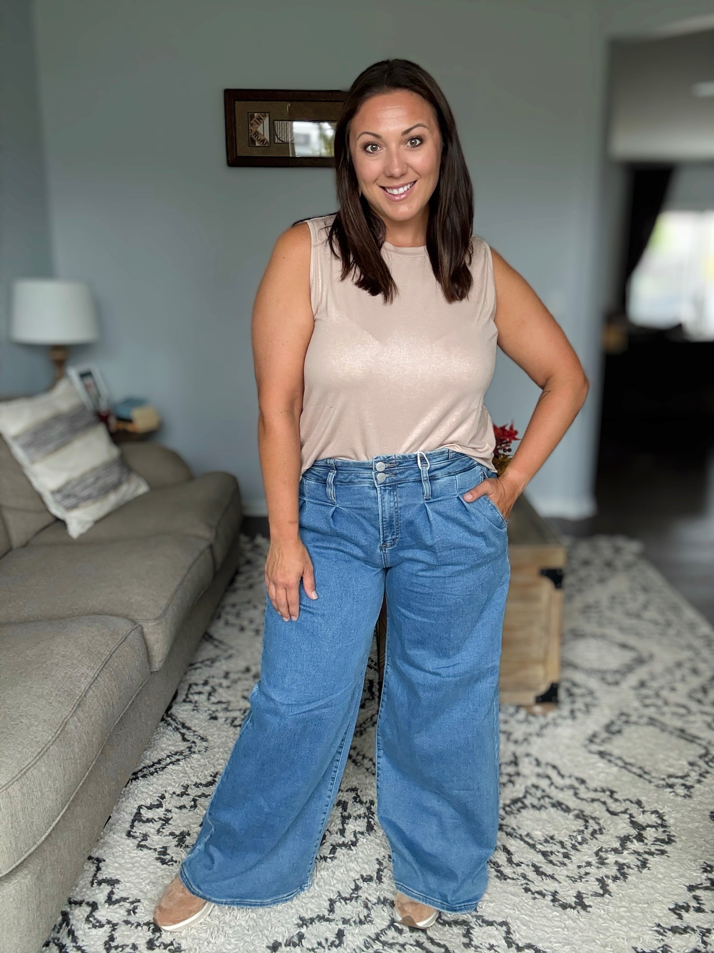 RISEN Polly Mid Rise Wide Leg Pleated Jeans