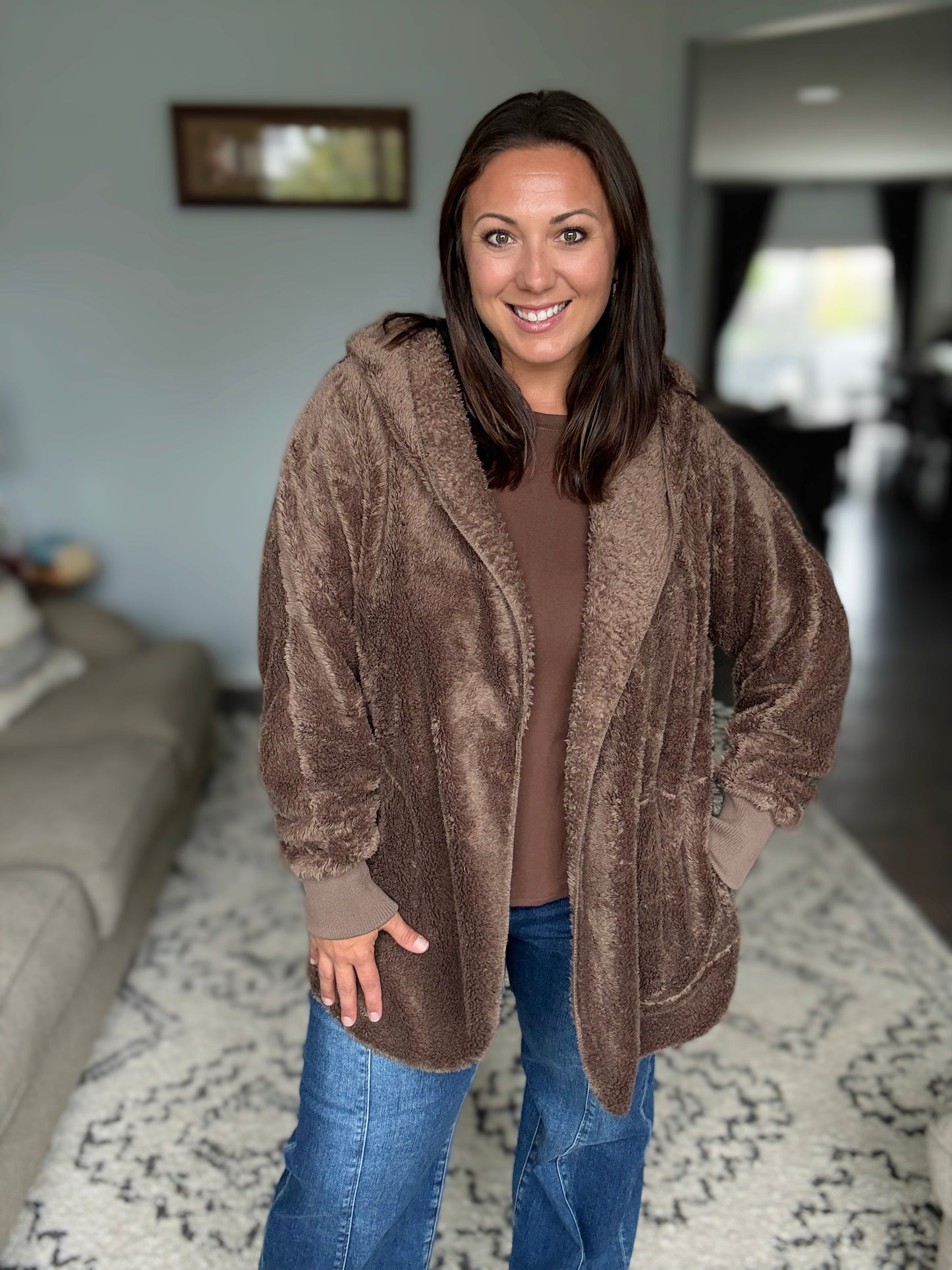 Zenana Hooded Faux Fur Jacket with Pockets in Mocha