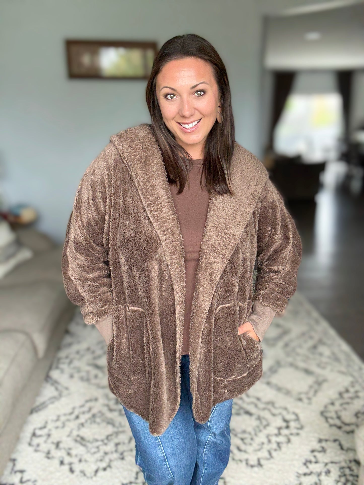 Zenana Hooded Faux Fur Jacket with Pockets in Mocha