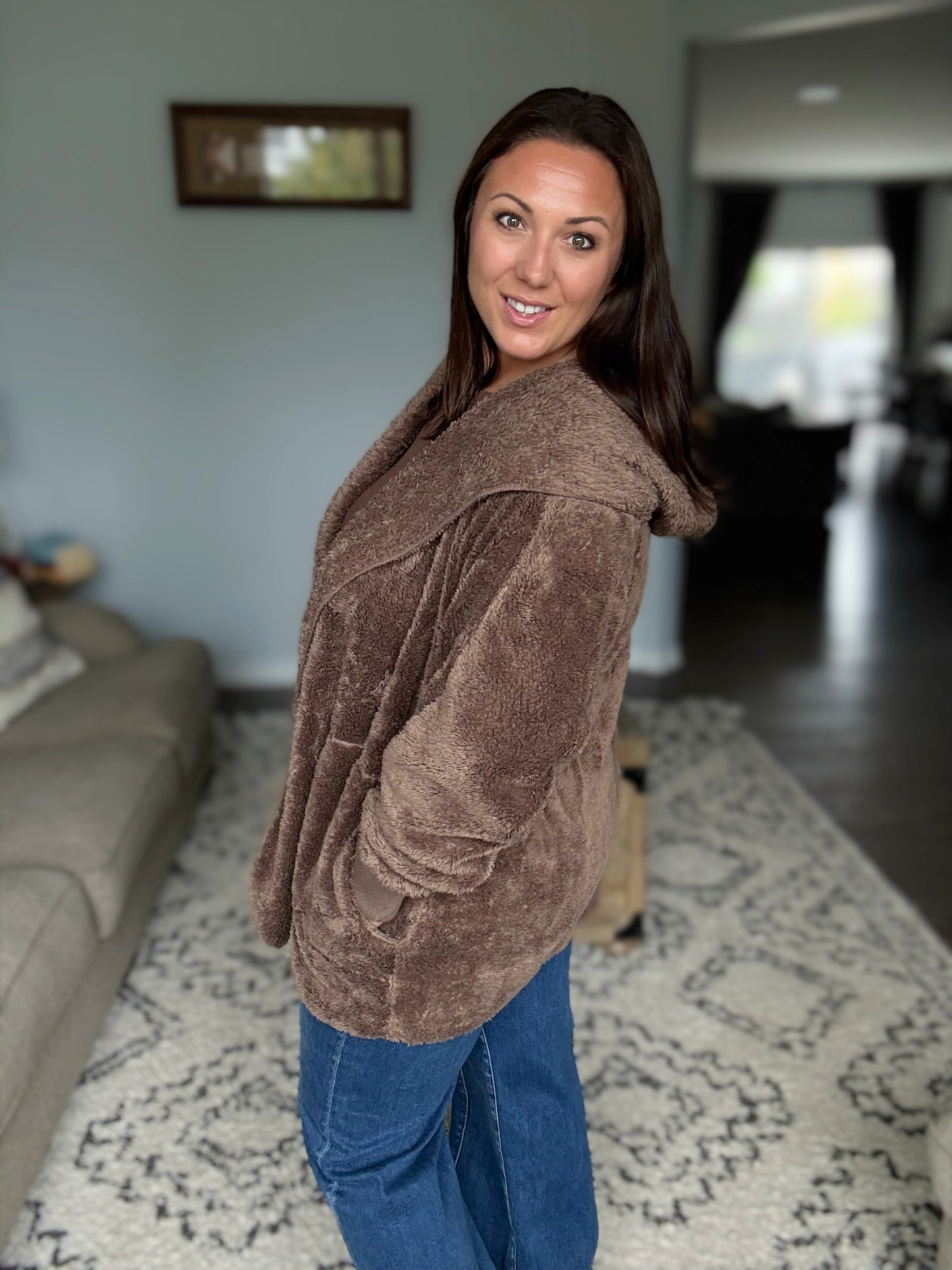 Zenana Hooded Faux Fur Jacket with Pockets in Mocha
