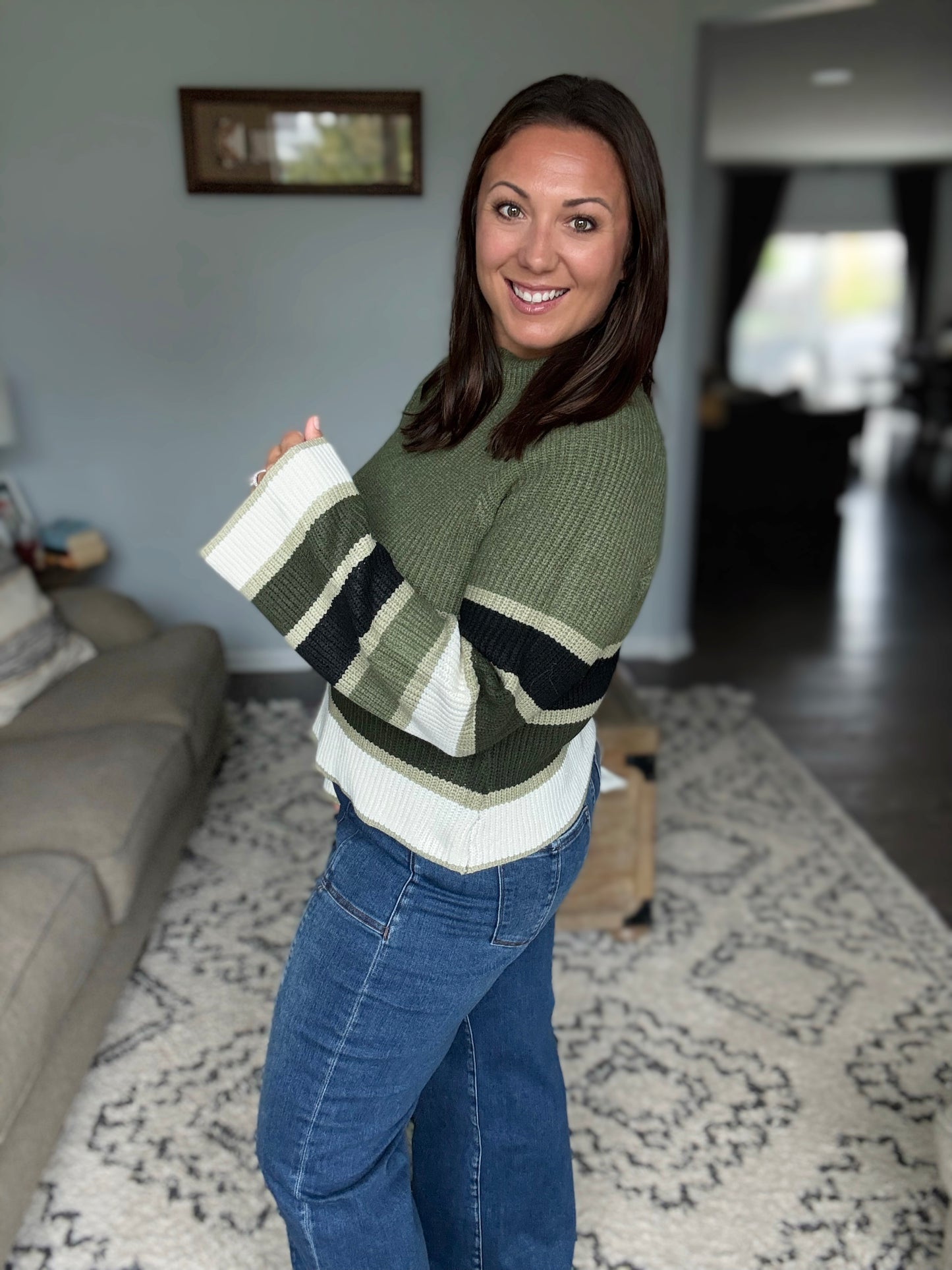 SO ME Multi Color Striped Mock Neck Sweater in Olive Combo
