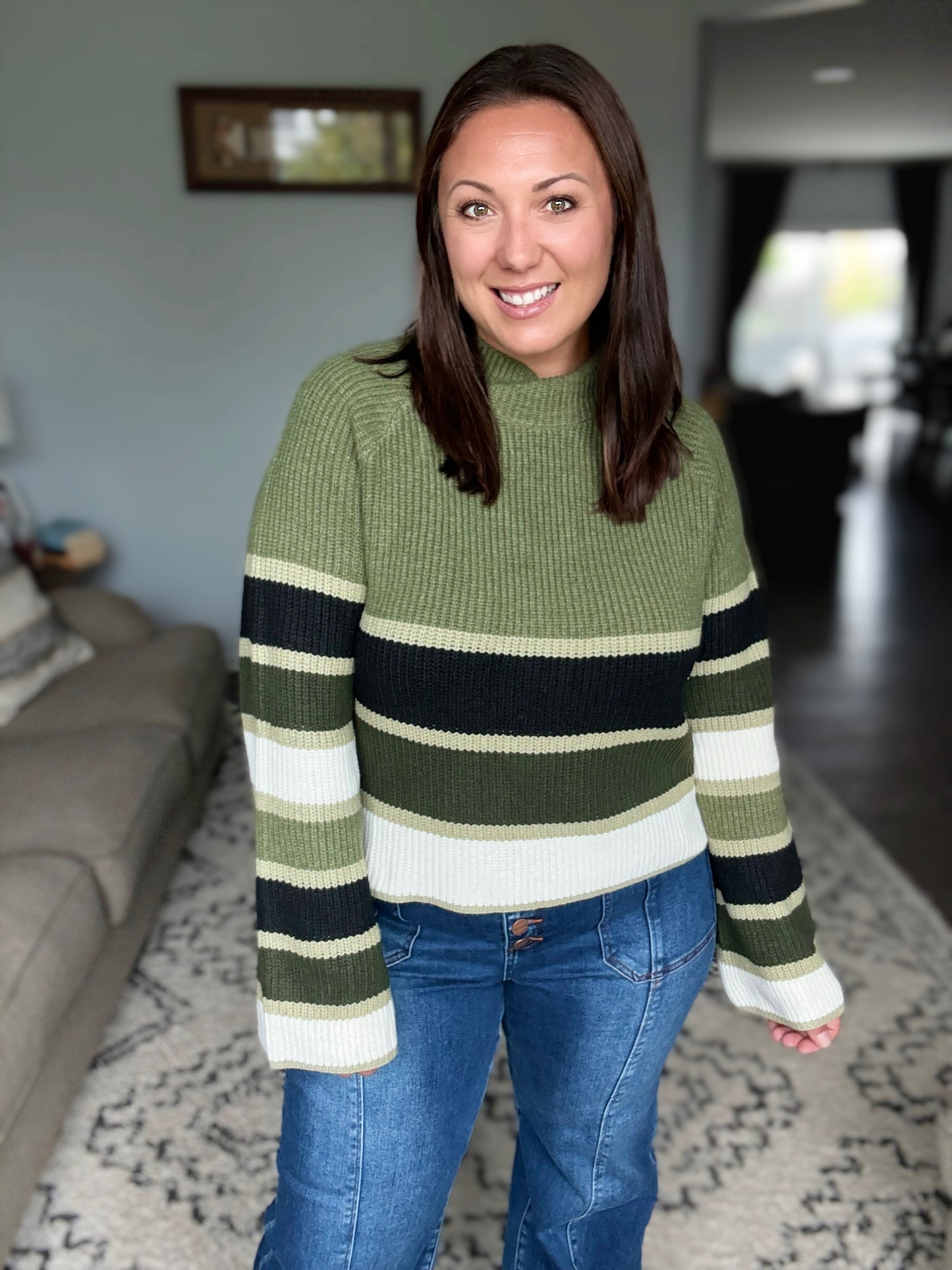 SO ME Multi Color Striped Mock Neck Sweater in Olive Combo