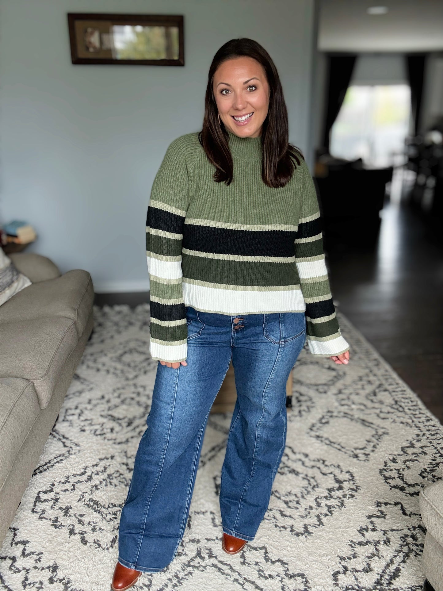 SO ME Multi Color Striped Mock Neck Sweater in Olive Combo