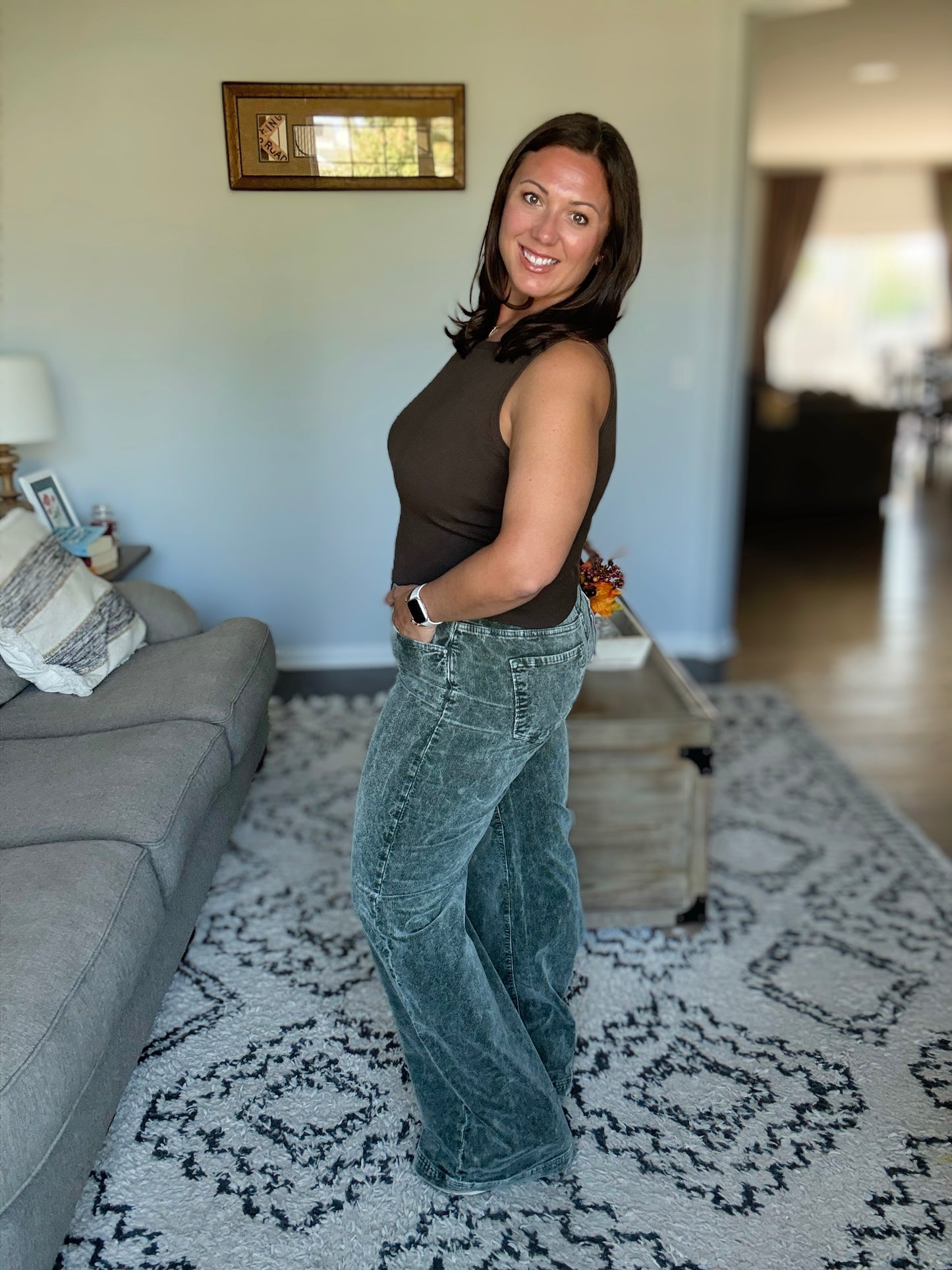 RISEN High Rise Wide Leg Corduroy Jeans in Forest Green