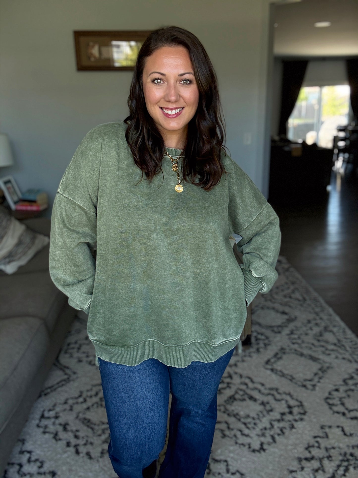 Safe and Secure Mineral Wash Pullover in Light Olive