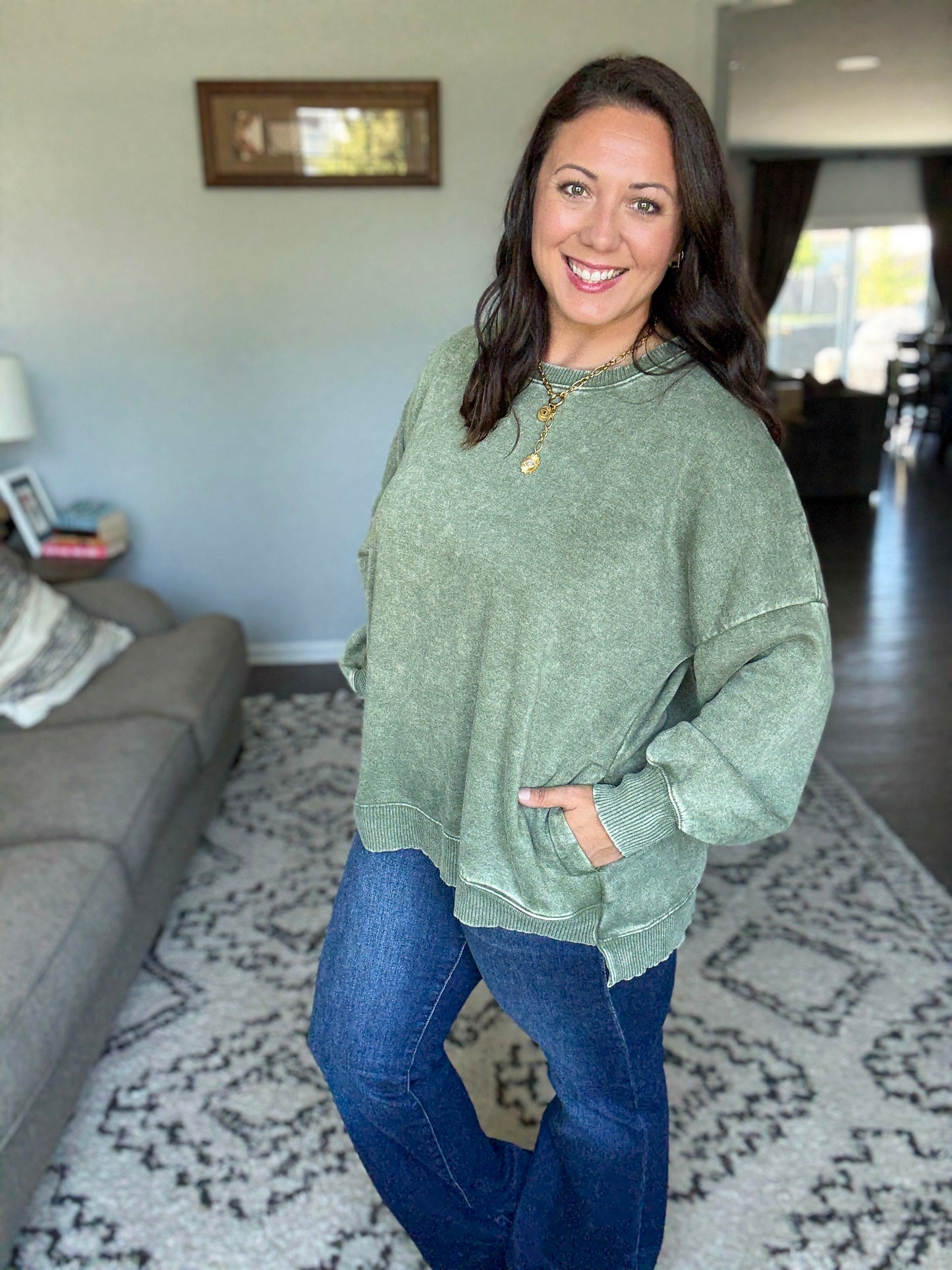 Safe and Secure Mineral Wash Pullover in Light Olive