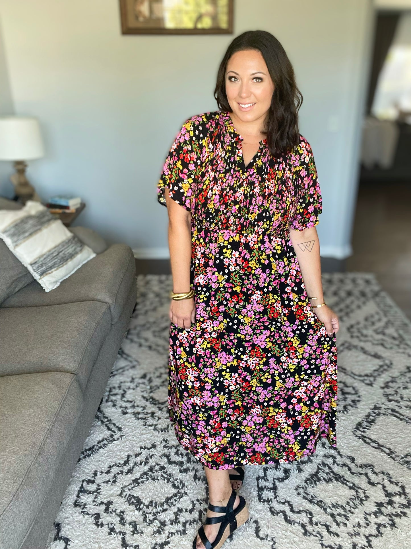 Wildflower and Barley V-Neck Button Up Dress