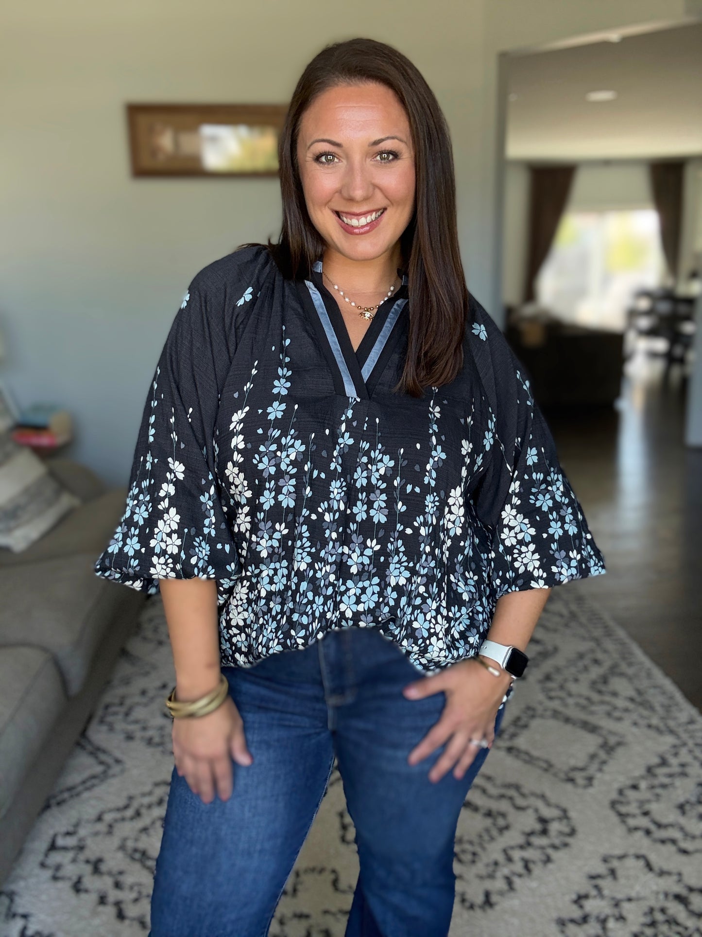 Umgee Full Size Floral Vine Print Blouse with Balloon Sleeves in Black