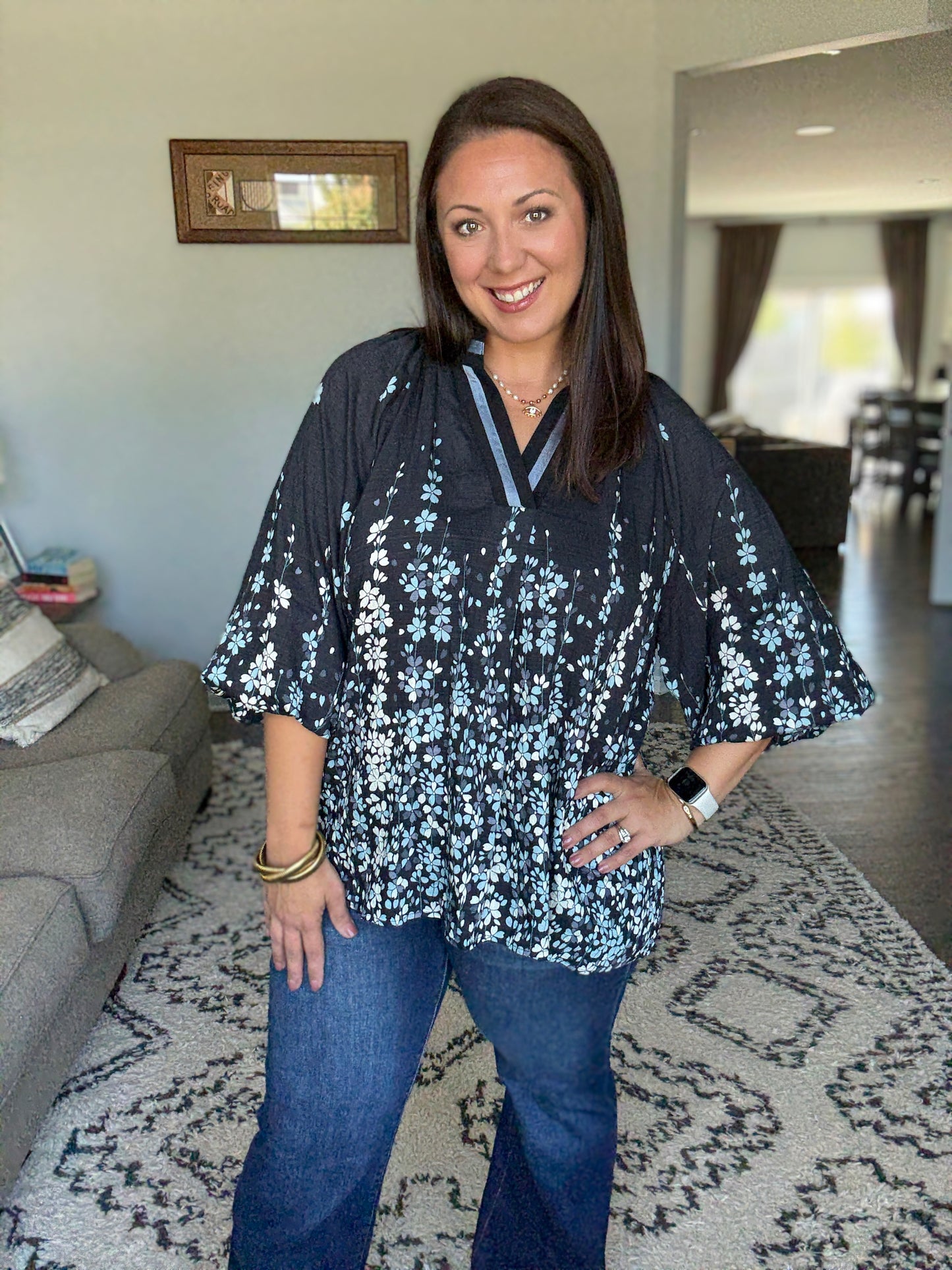 Umgee Full Size Floral Vine Print Blouse with Balloon Sleeves in Black