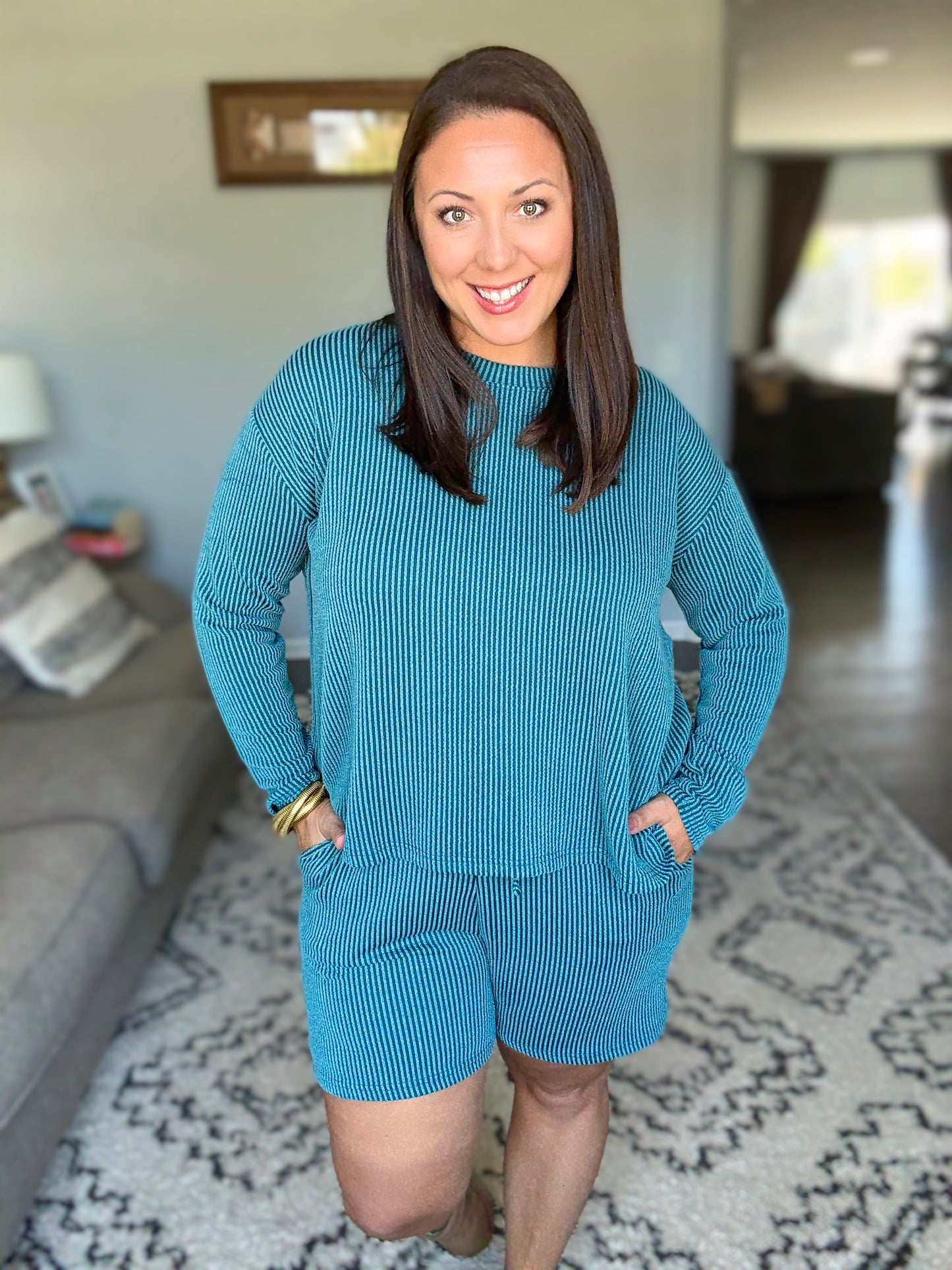 Zenana Corded Ribbed Long Sleeve Top and Shorts Set in Teal