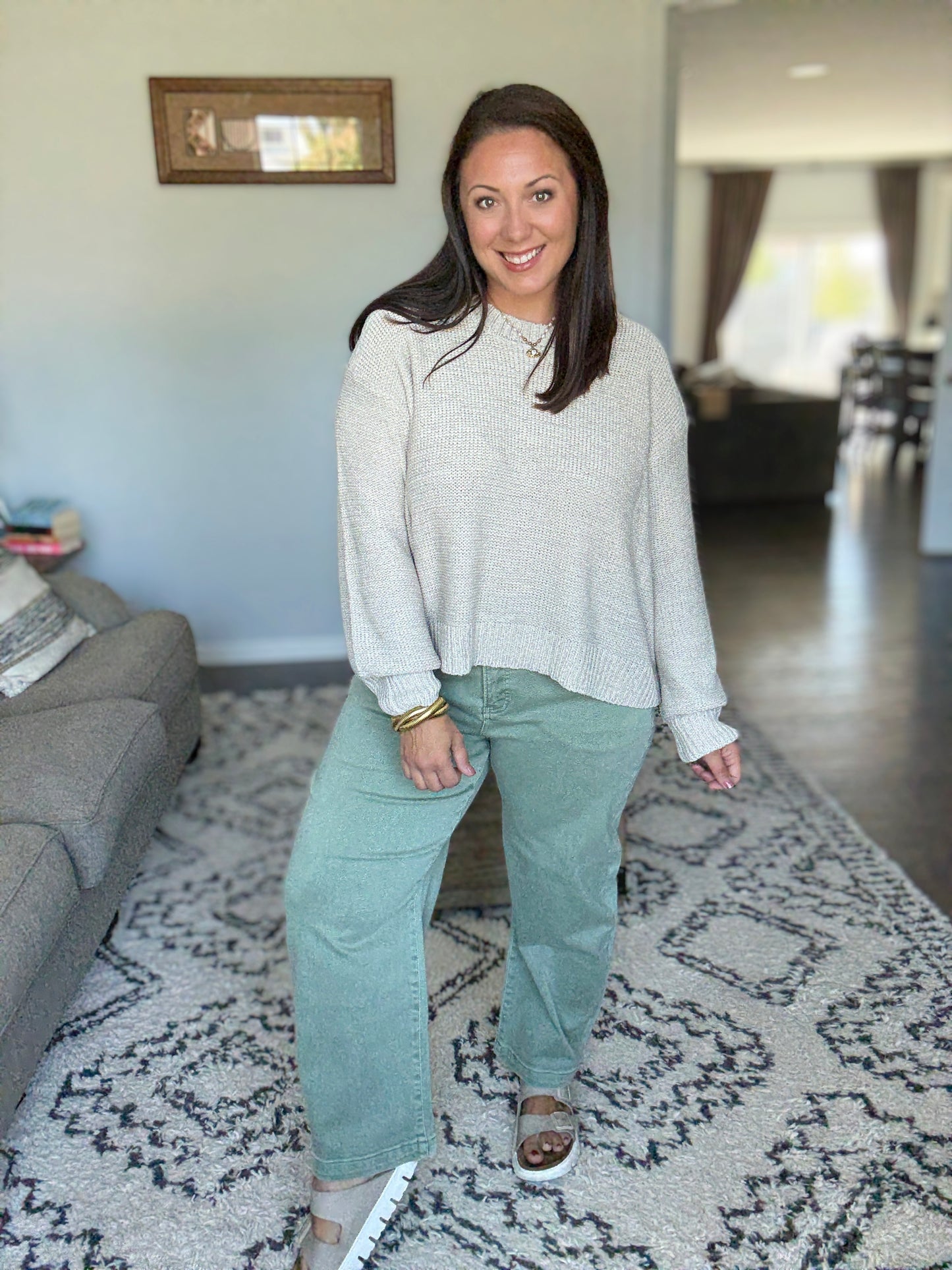 RISEN Tummy Control High Rise Crop Barrel Jeans in Light Olive