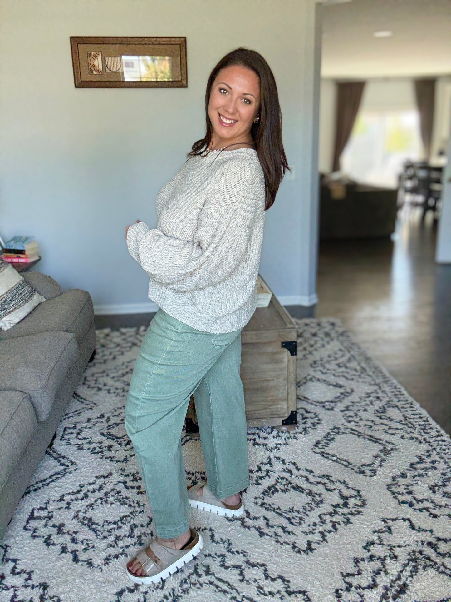 RISEN Tummy Control High Rise Crop Barrel Jeans in Light Olive