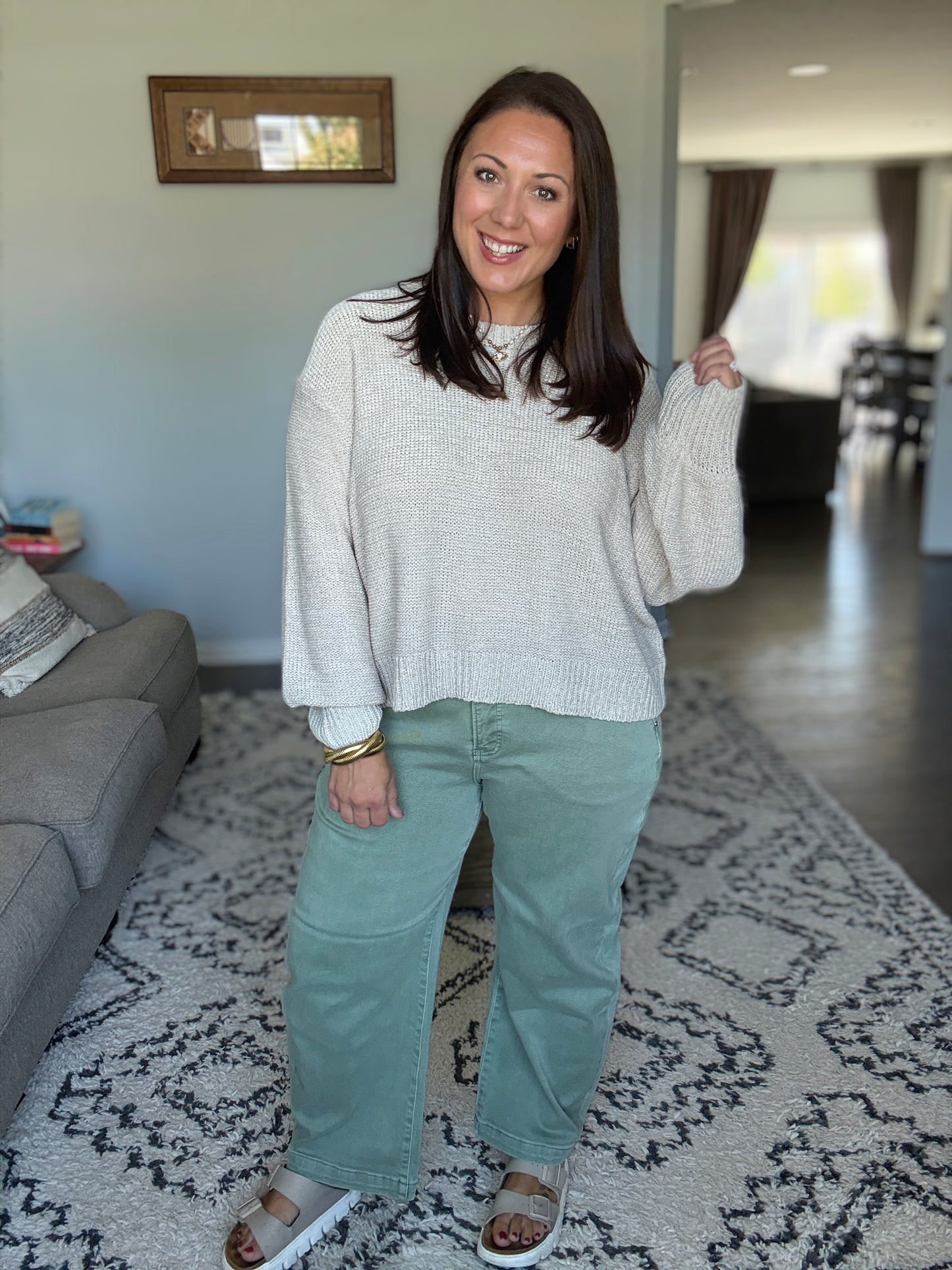 RISEN Tummy Control High Rise Crop Barrel Jeans in Light Olive