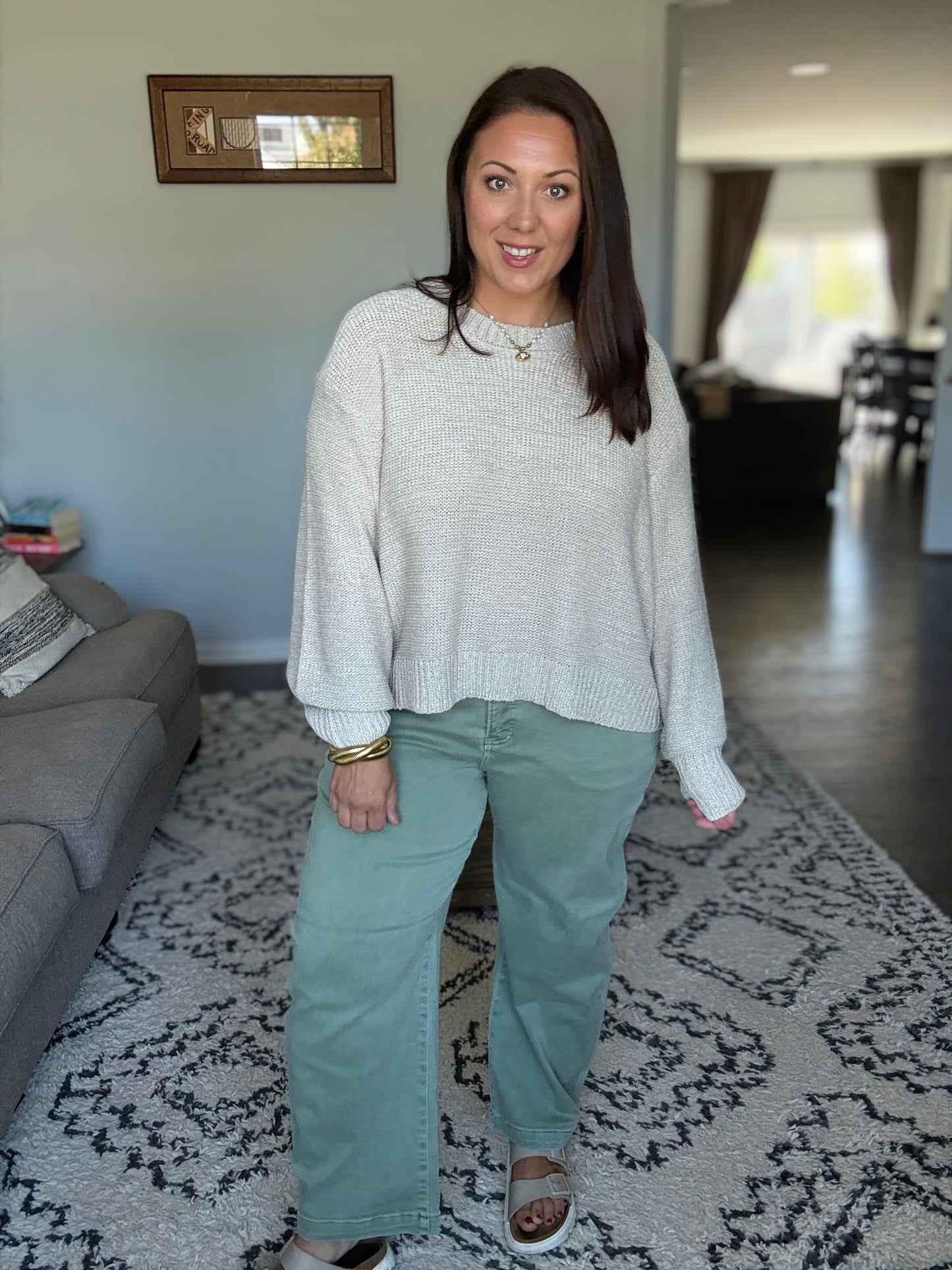 RISEN Tummy Control High Rise Crop Barrel Jeans in Light Olive