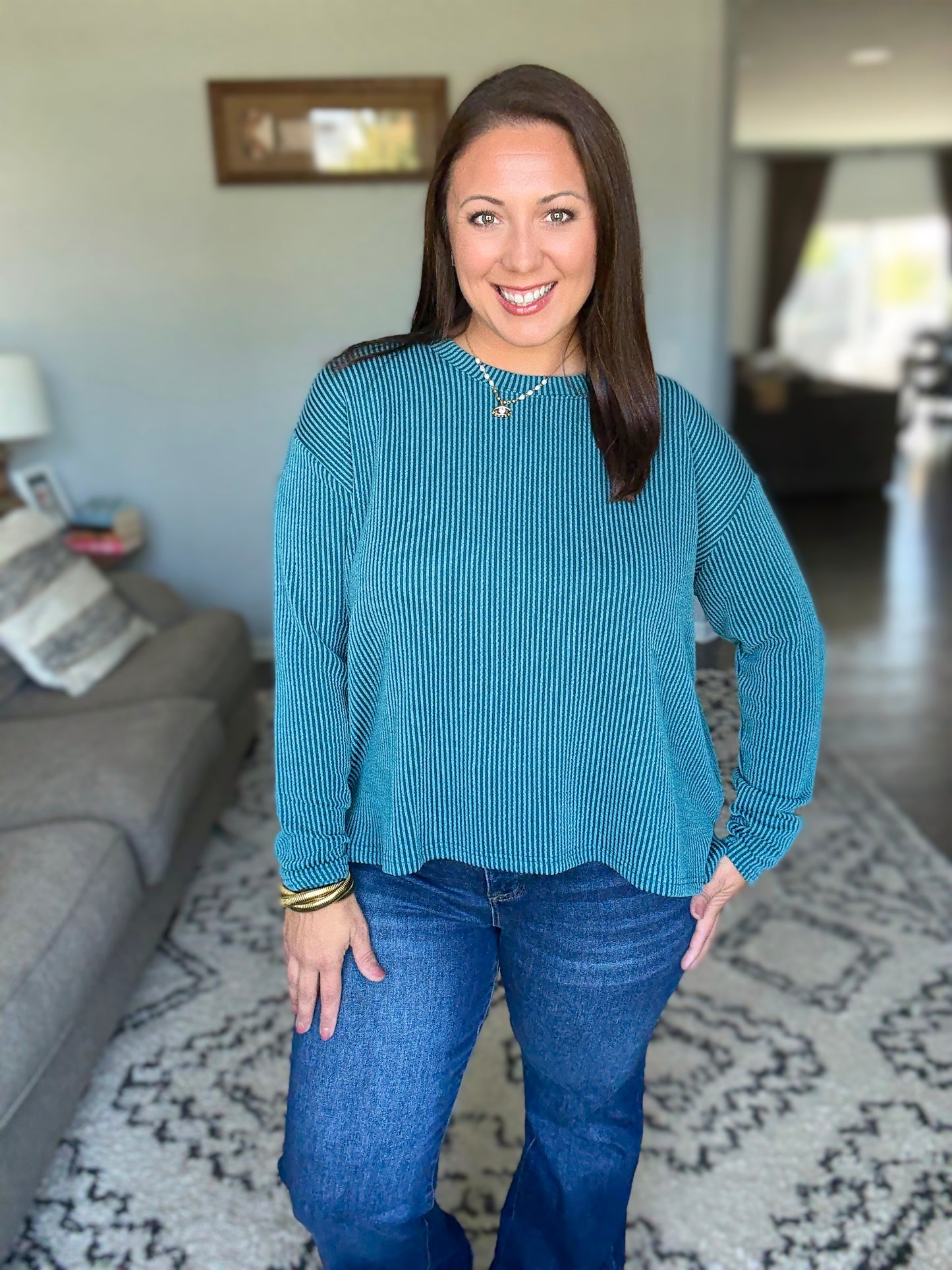 Zenana Corded Ribbed Long Sleeve Top and Shorts Set in Teal